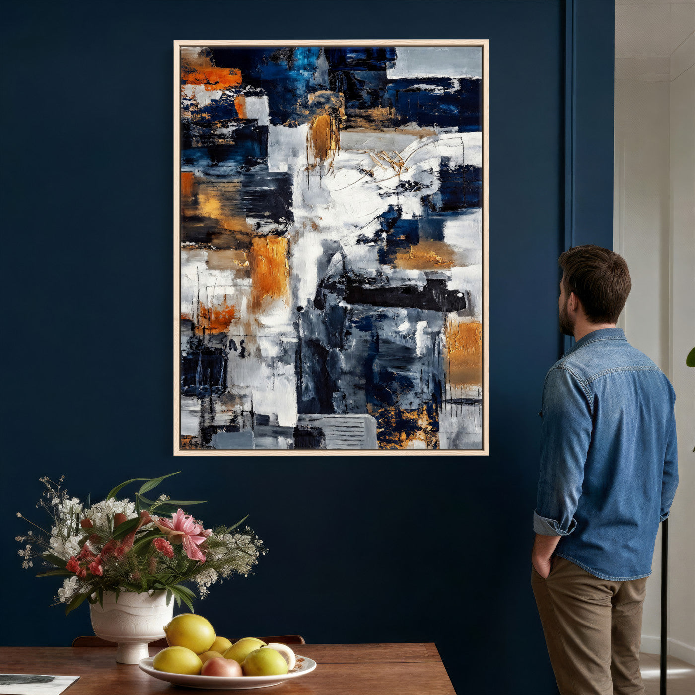 85264820-MGV-CV-24X36 - Blue Teal Abstract Canvas Wall Art, Modern Textured Painting Print, Navy Orange White Contemporary Art, Neutral Living Room Decor, Office Art