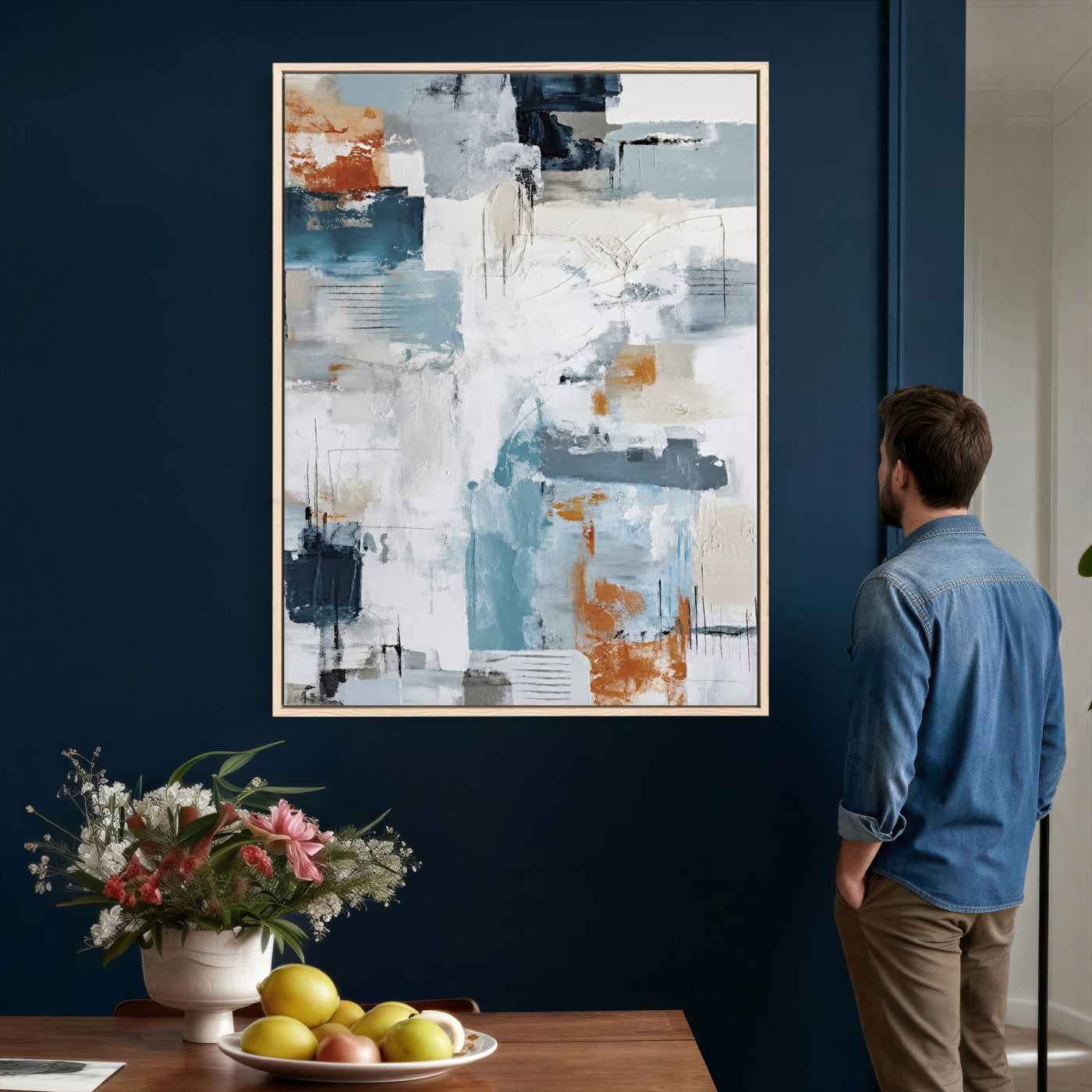 47011485-MGV-CV-24X36 - Blue Teal Abstract Canvas Wall Art, Modern Textured Painting Print, Navy Orange White Contemporary Art, Neutral Living Room Decor, Office Art