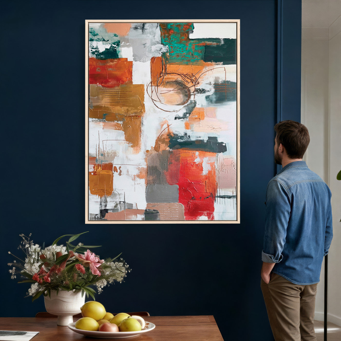 71530836-MGV-CV-24X36 - Blue Teal Abstract Canvas Wall Art | Modern Textured Painting Print, Navy Orange White Contemporary Art, Neutral Living Room Decor, Office Art
