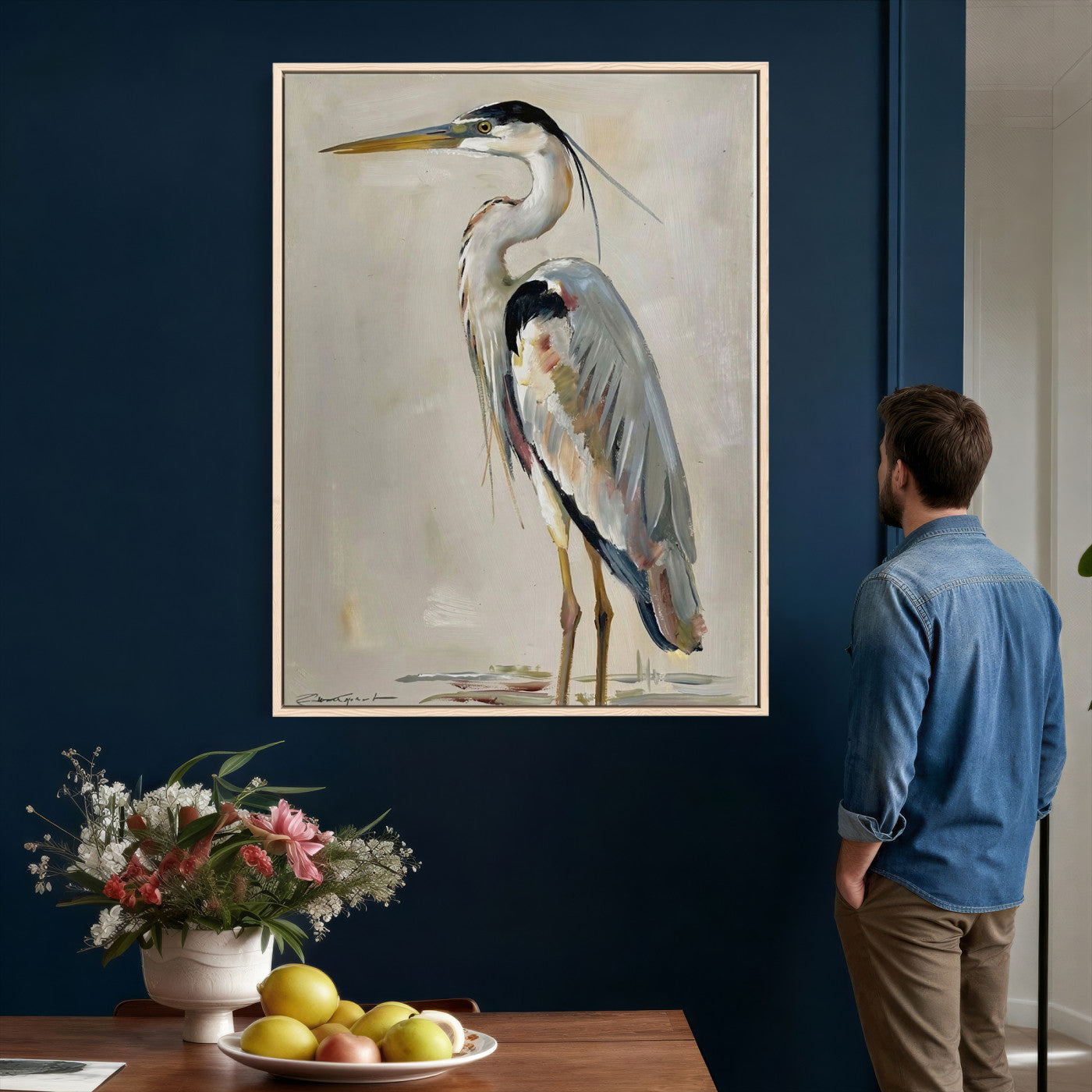 66936694-MGV-CV-24X36 - Great Blue Heron Canvas Wall Art Coastal Bird Oil Painting Print