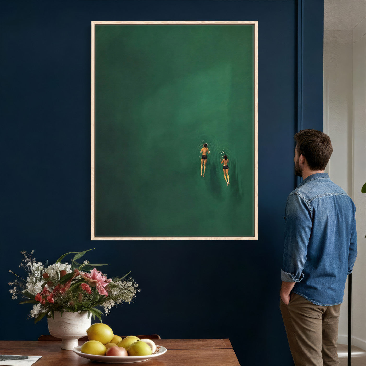 44711396-MGV-CV-24X36 - Minimalist Swimmers Canvas Wall Art Emerald Green Water Painting Print