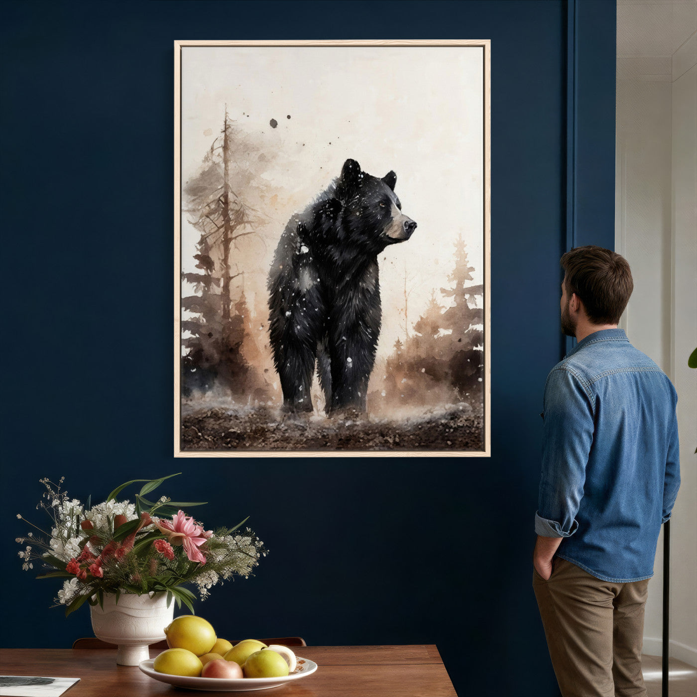 17399305-MGV-CV-24X36 - Black Bear Canvas Wall Art Winter Forest Watercolor Painting Print