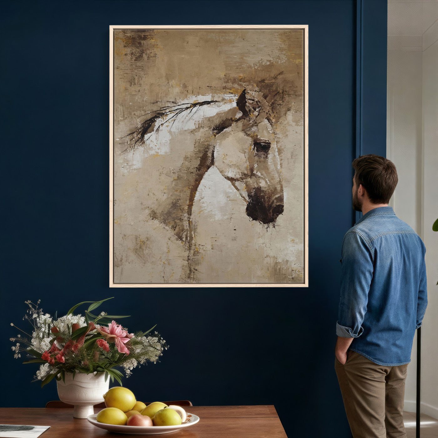 48488295-MGV-CV-24X36 - Rustic Horse Canvas Wall Art Neutral Tone Equestrian Oil Painting Print