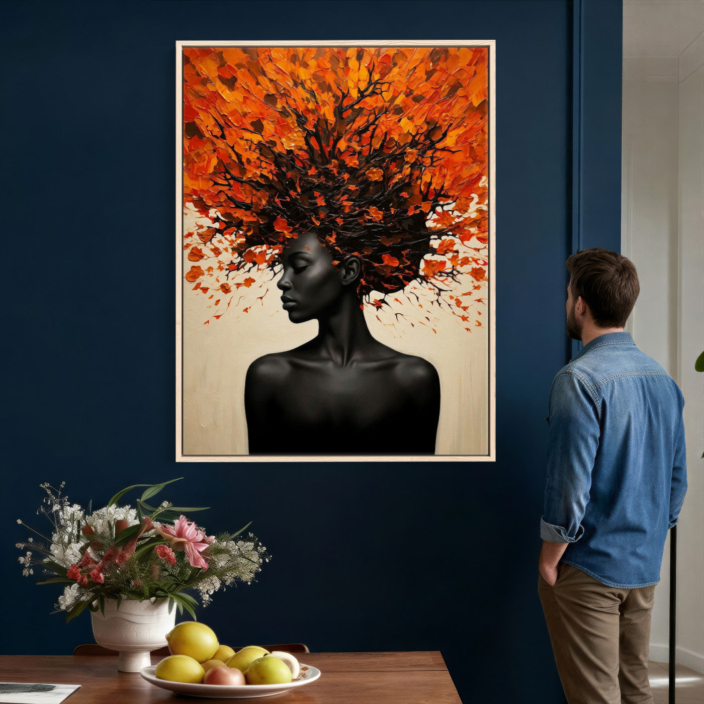 99995103-MGV-CV-24X36 - Black Woman Autumn Tree Canvas Wall Art Surreal African Portrait Painting Print