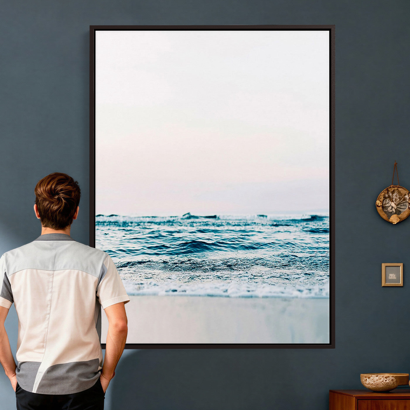 17196851-MGV-CV-24X36 - Ocean Wave Wall Art Canvas Print, Minimal Seascape Photography, Coastal Blue Water Artwork, Vertical Beach Wall Decor, Calm Sea Nature Print