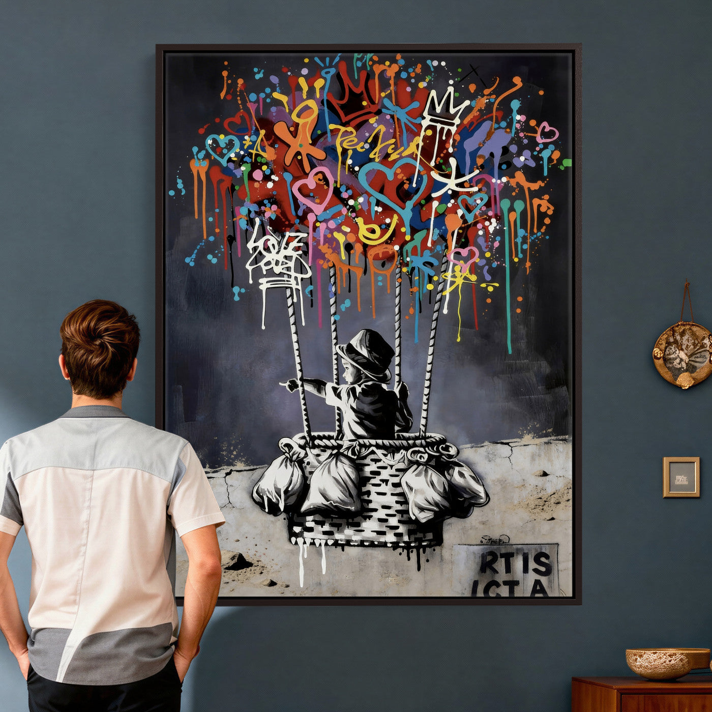 56325542-MGV-CV-24X36 - Banksy Inspired Boy Swing Wall Art Canvas Print, Graffiti Balloon Hearts Street Art, Colorful Urban Mural Artwork for Modern Living Room Decor