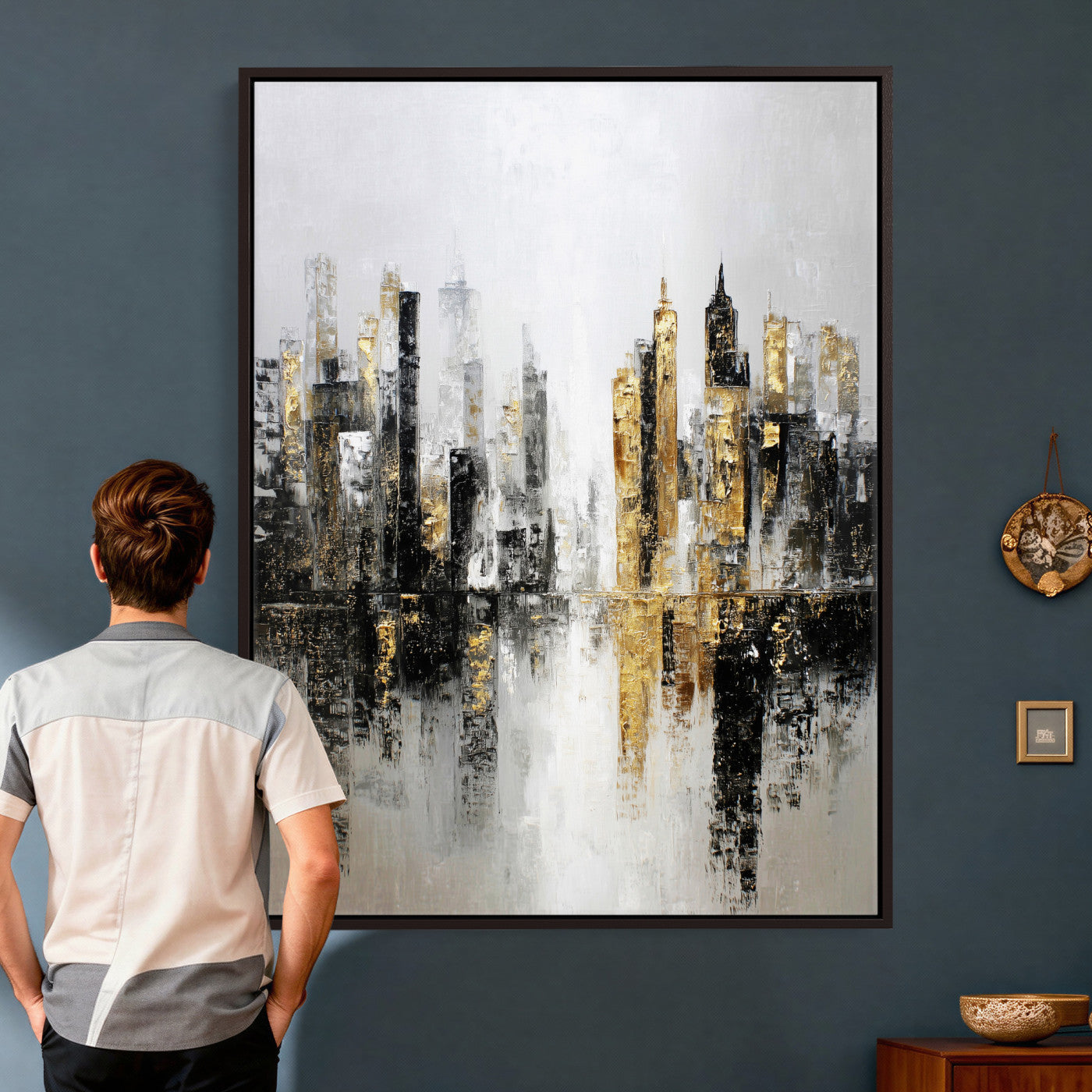 38126217-MGV-CV-24X36 - Abstract Urban Reflection Wall Art Canvas Print, Gold Black Modern Architecture Canvas Print, Contemporary Moody City Artwork for Living Room Decor