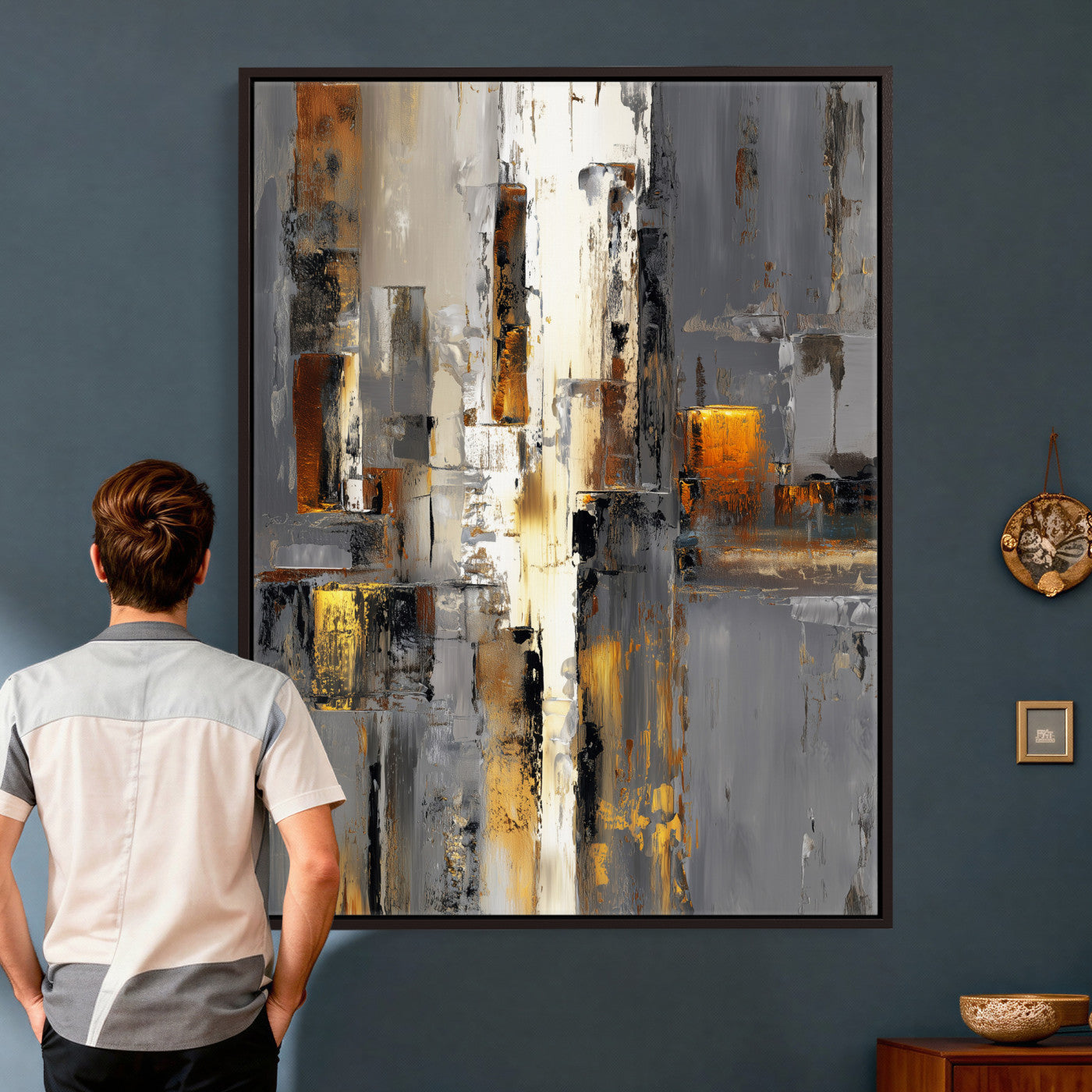 35992080-MGV-CV-24X36 - Abstract Urban Reflection Wall Art Canvas Print, Gold Black Modern Architecture Canvas Print, Contemporary Moody City Artwork for Living Room Decor