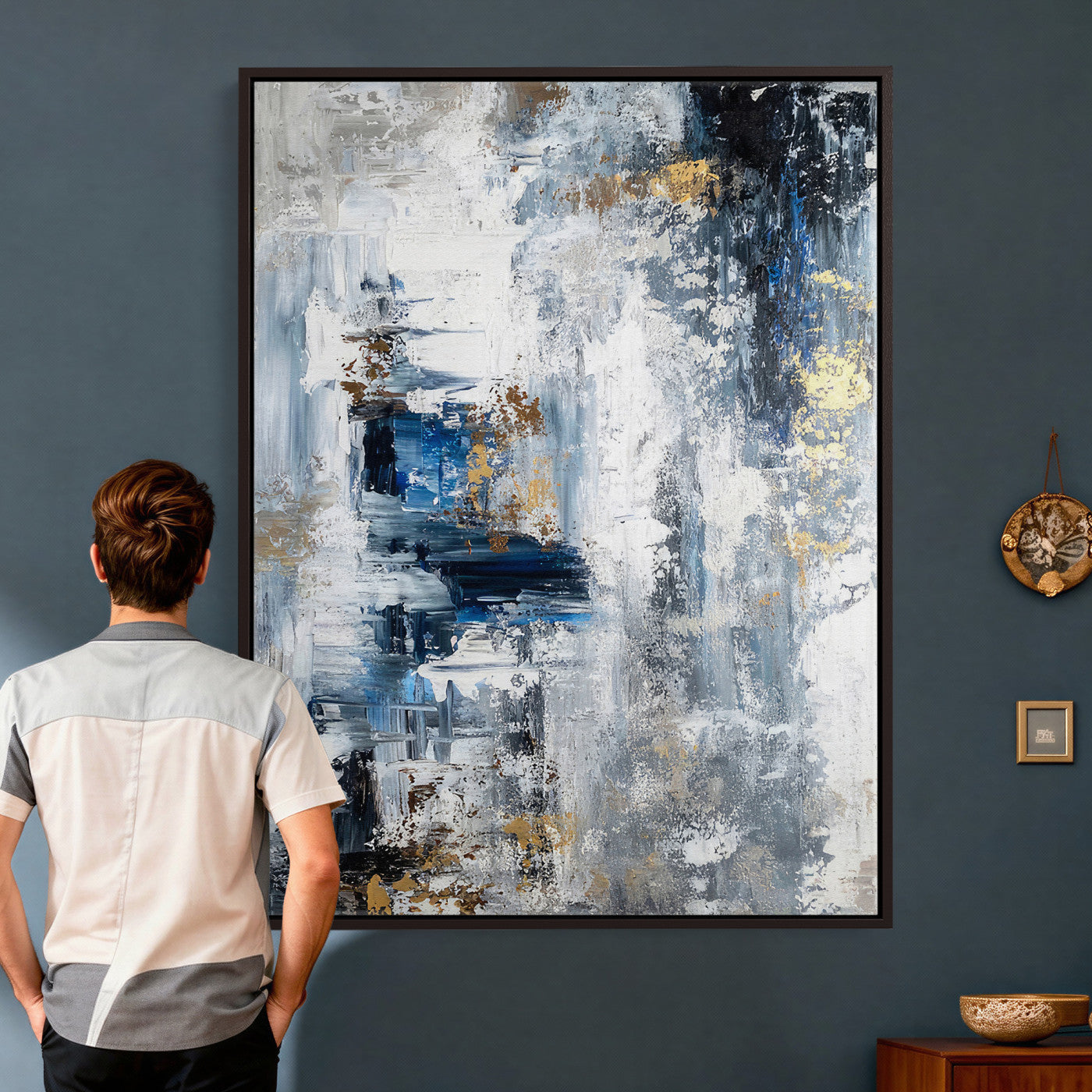 3962948988-MGV-CV-24X36 - Blue Abstract Wall Art Canvas Print, Gold Black Modern Architecture Canvas Print, Contemporary Moody City Artwork for Living Room Decor