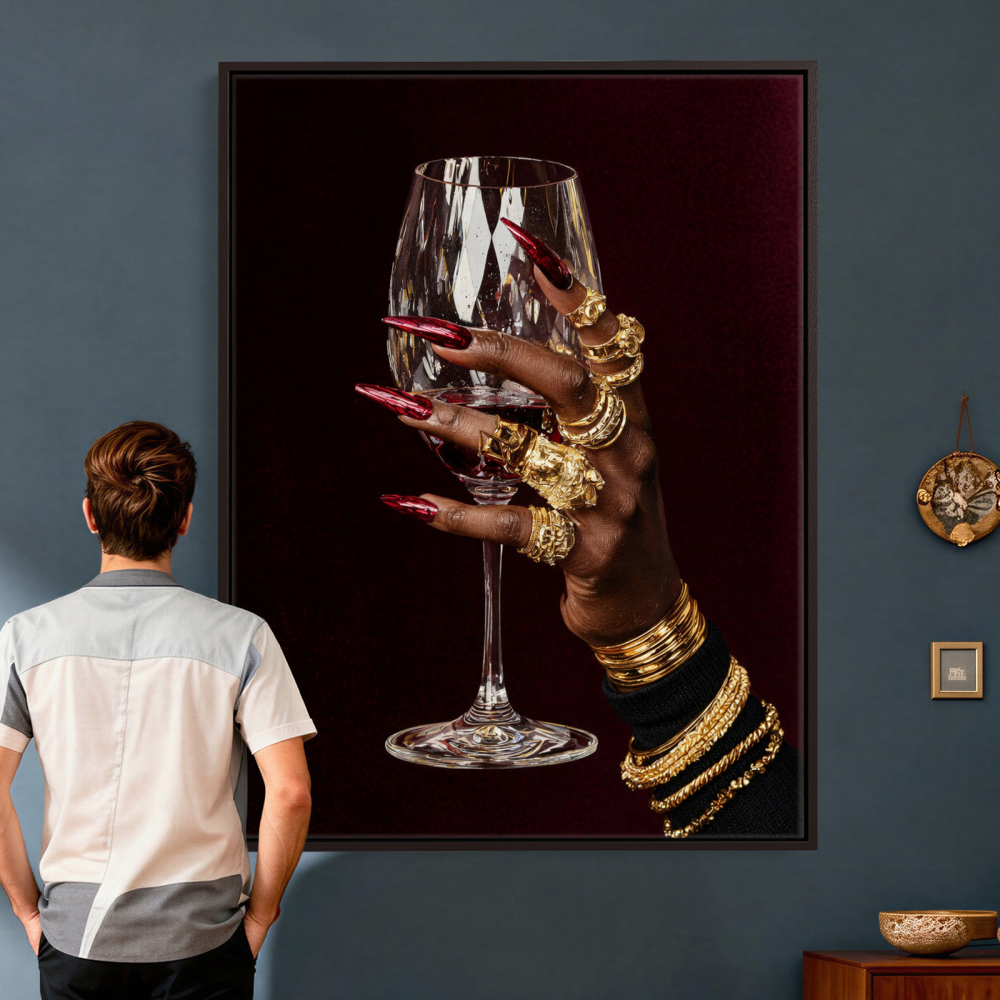 8151788Y6-MGV-CV-24X36 - Black Woman Holding Elegant Wine Glass Art, Black Girl Art, Black Woman Art, Trendy Black Girl Wall Art