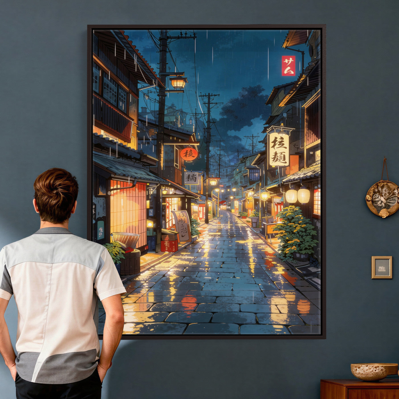 4712069J1-MGV-CV-24X36 - Tokyo Tea House Canvas Wall Art — Japan Rainy Night Street Print | Anime Style Decor | Japanese Tea House Art | Tokyo City Gift