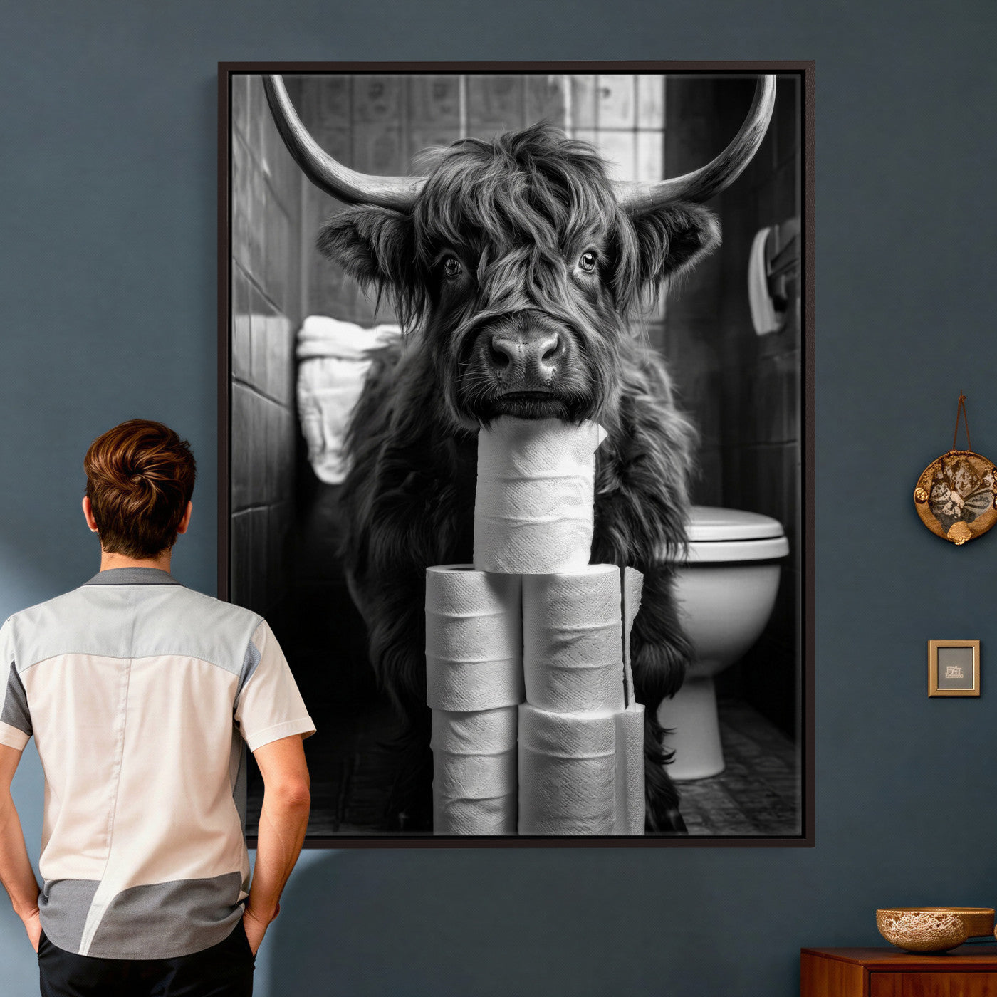 95909209-MGV-CV-24X36 - Highland Cow Toilet Paper Canvas Wall Art, Funny Bathroom Black White Print, Cute Animal Humor Decor, Quirky Farmhouse Bathroom Art, Cow Lover Gift