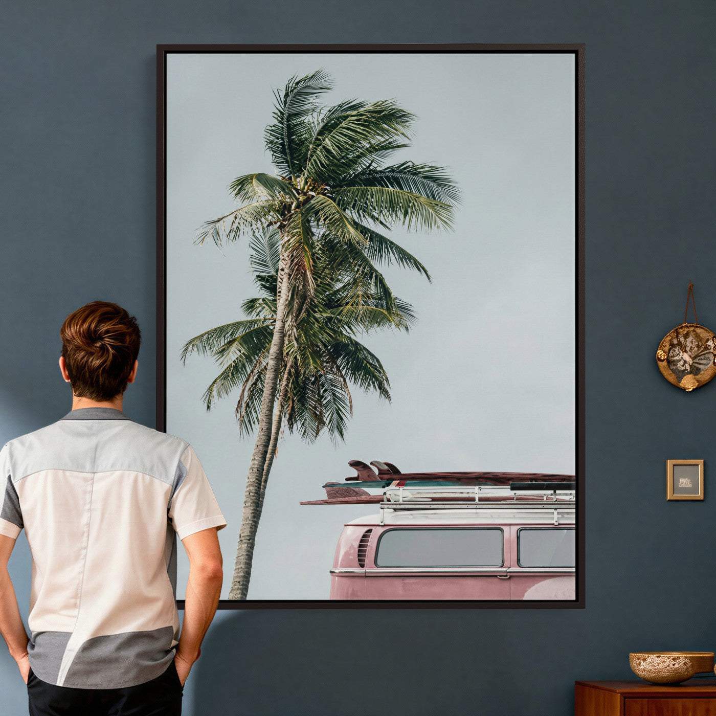 73117797-MGV-CV-24X36 - VW Van Palm Tree Canvas Wall Art, Pink Camper Surfboards Beach Print, Retro Surf Photography Decor, Coastal Boho Wall Art, Surfer Gift Idea
