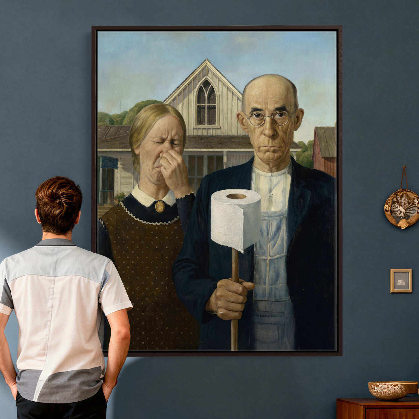 46805085-MGV-CV-24X36 - Funny Bathroom Canvas Wall Art, Grant Wood American Gothic Toilet Paper Parody Print, Humor Bathroom Decor, Classic Art Spoof, Quirky Housewarming Gift