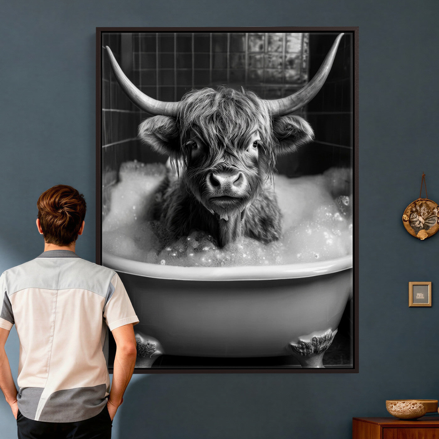 44020264-MGV-CV-24X36 - Highland Cow Bathtub Canvas Wall Art, Funny Bathroom Print Black White, Grumpy Cow Bubble Bath Decor, Animal Bathroom Art, Farmhouse Humor Print, Cute Cow Gift
