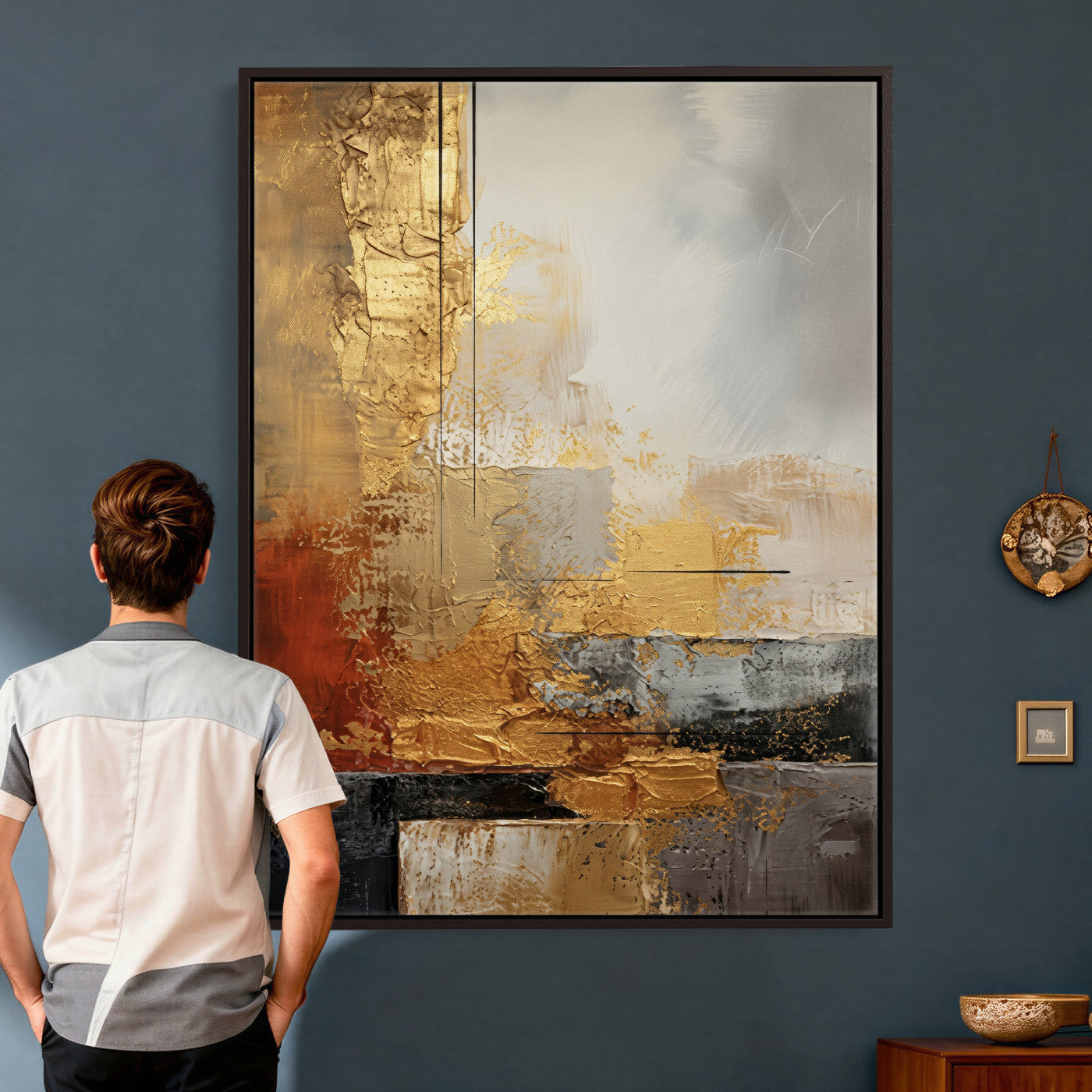 98453723G-MGV-CV-24X36 - Gold Abstract Canvas Wall Art, Luxury Textured Style Gold Leaf Painting Print, Modern Glam Decor, Gold Grey Rust Abstract Art, Living Room Statement Art