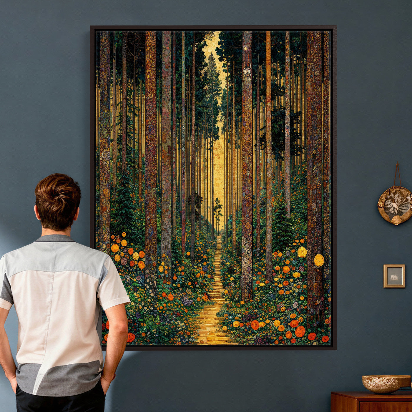 14391546-MGV-CV-24X36 - Gustav Klimt Style Forest Canvas Wall Art, Golden Forest Path Floral Art Nouveau Print, Enchanted Woodland Decor, Maximalist Colorful Nature Art