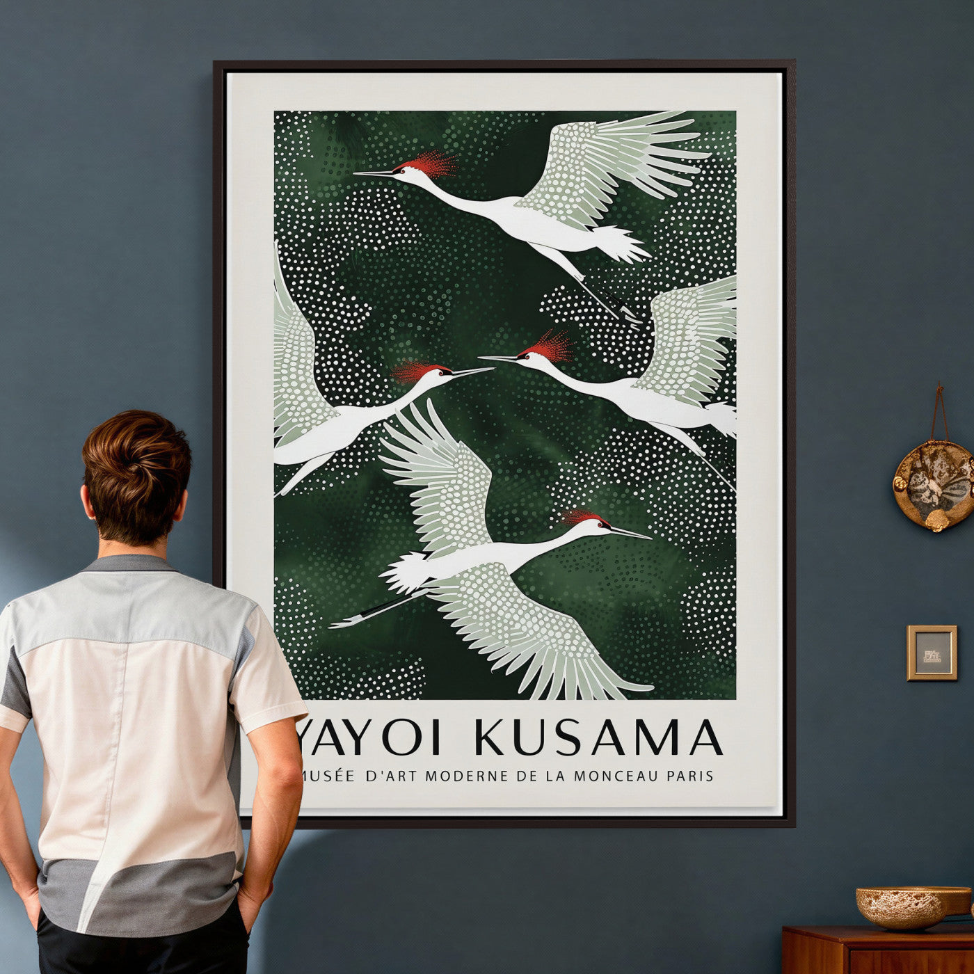 63036906-MGV-CV-24X36 - Yayoi Kusama Crane Bird Wall Art Canvas Print, Japanese Inspired Flying Heron Framed Artwork, Green Botanical Nature Decor for Living Room Bedroom Office