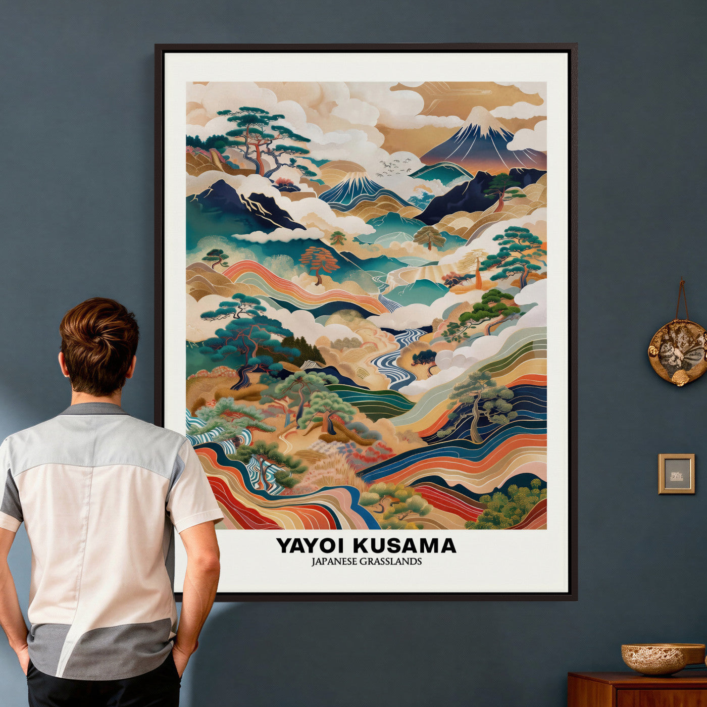 71553303-MGV-CV-24X36 - Yayoi Kusama Japanese Landscape Wall Art Canvas Print, Colorful Mountain and River Framed Artwork, Nature Inspired Asian Scenic Decor for Living Room Bedroom Office