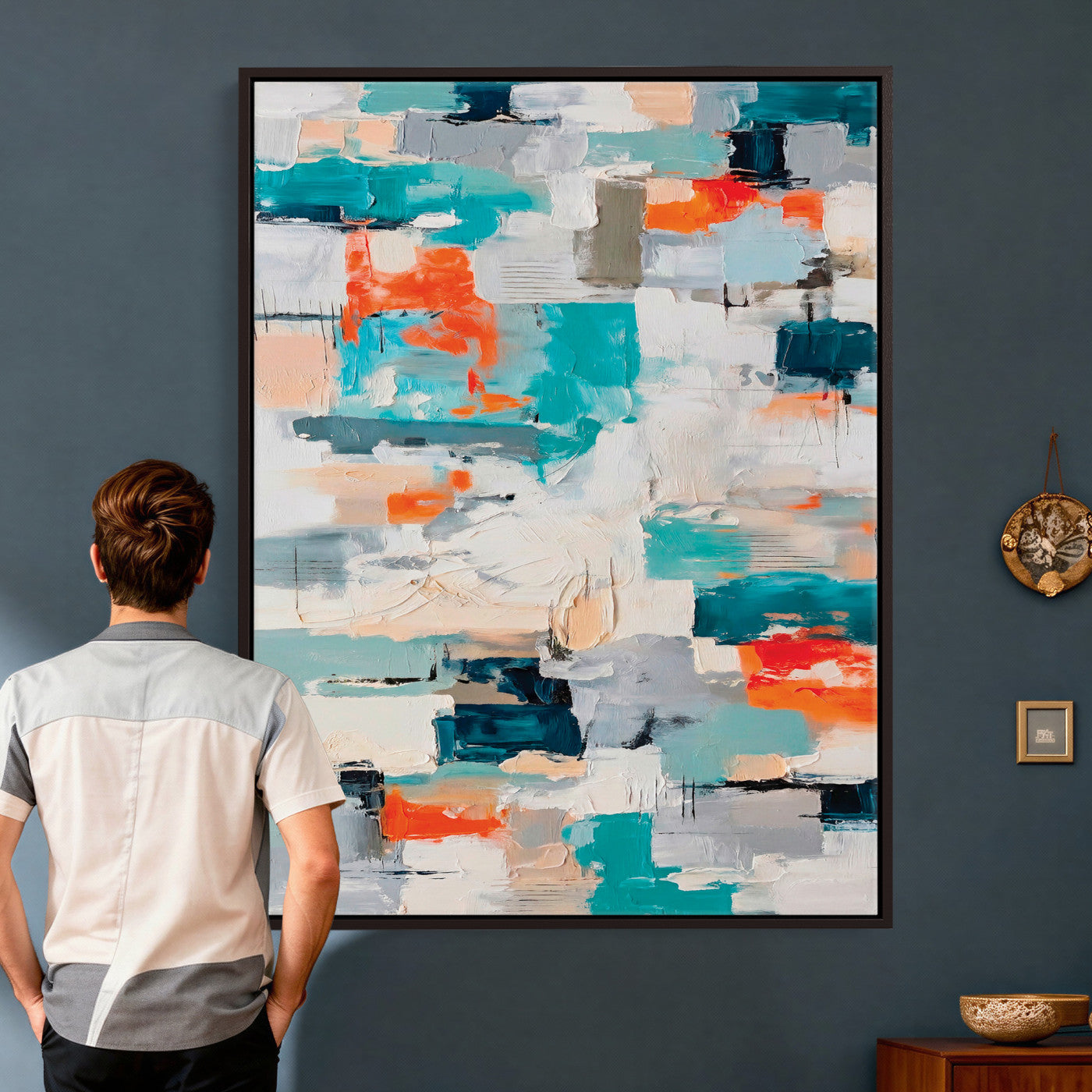 74742966-MGV-CV-24X36 - Blue Teal Abstract Canvas Wall Art - Modern Textured Painting Print, Navy Orange White Contemporary Art, Neutral Living Room Decor, Office Art