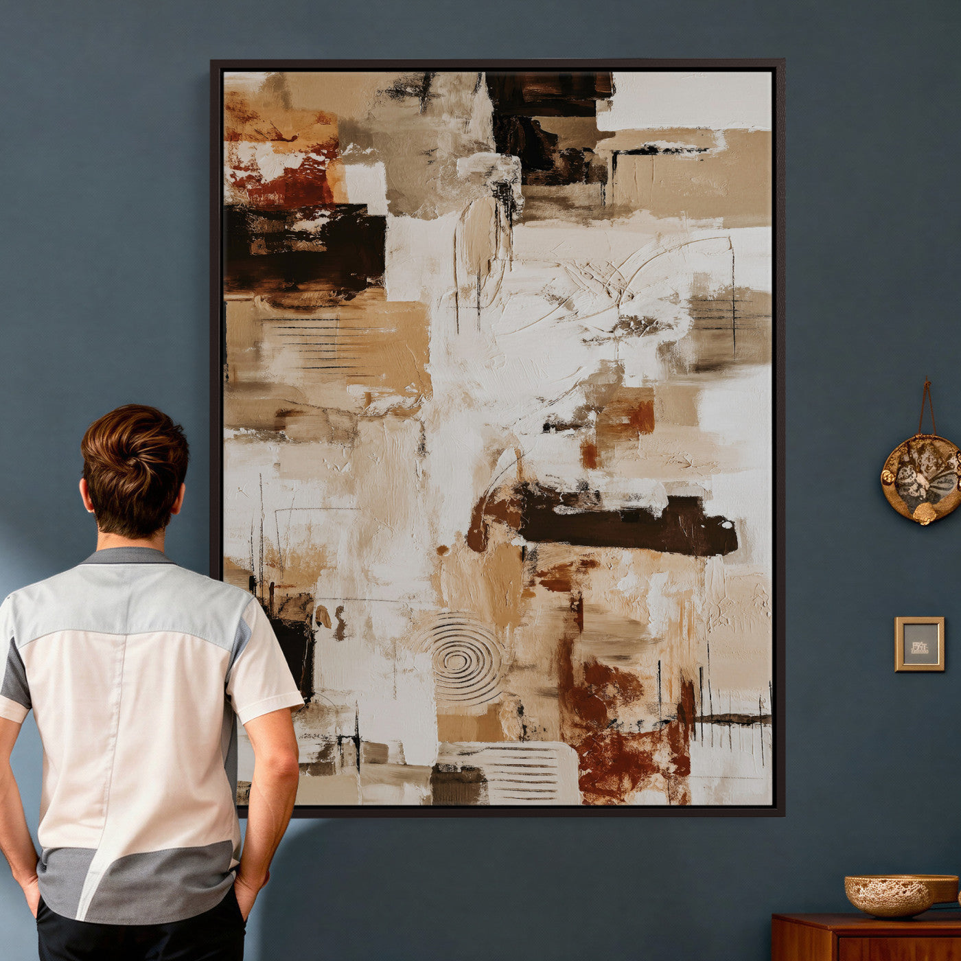 90644187-MGV-CV-24X36 - Blue Teal Abstract Canvas Wall Art | Modern Textured Painting Print, Navy Orange White Contemporary Art - Neutral Living Room Decor, Office Art