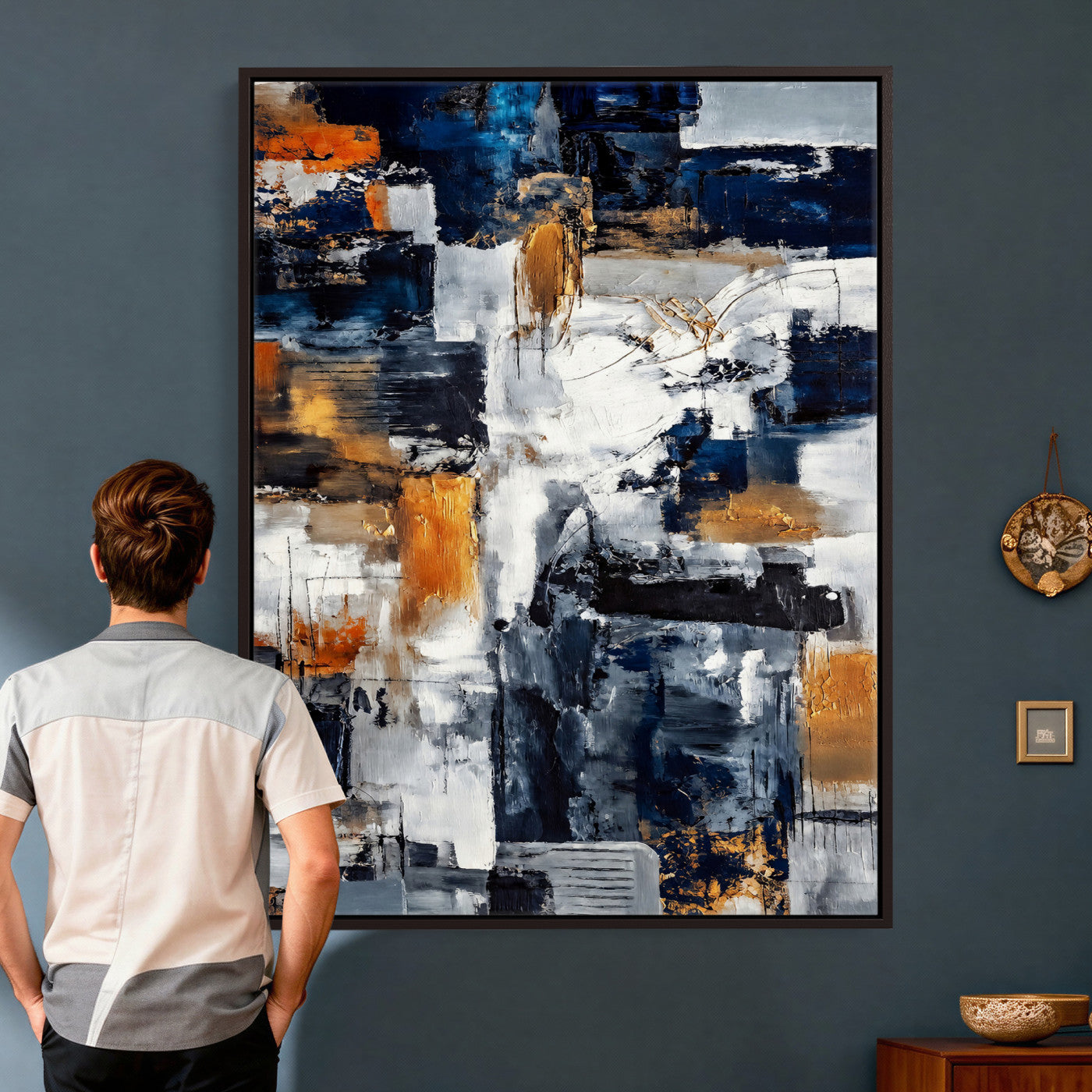 85264820-MGV-CV-24X36 - Blue Teal Abstract Canvas Wall Art, Modern Textured Painting Print, Navy Orange White Contemporary Art, Neutral Living Room Decor, Office Art