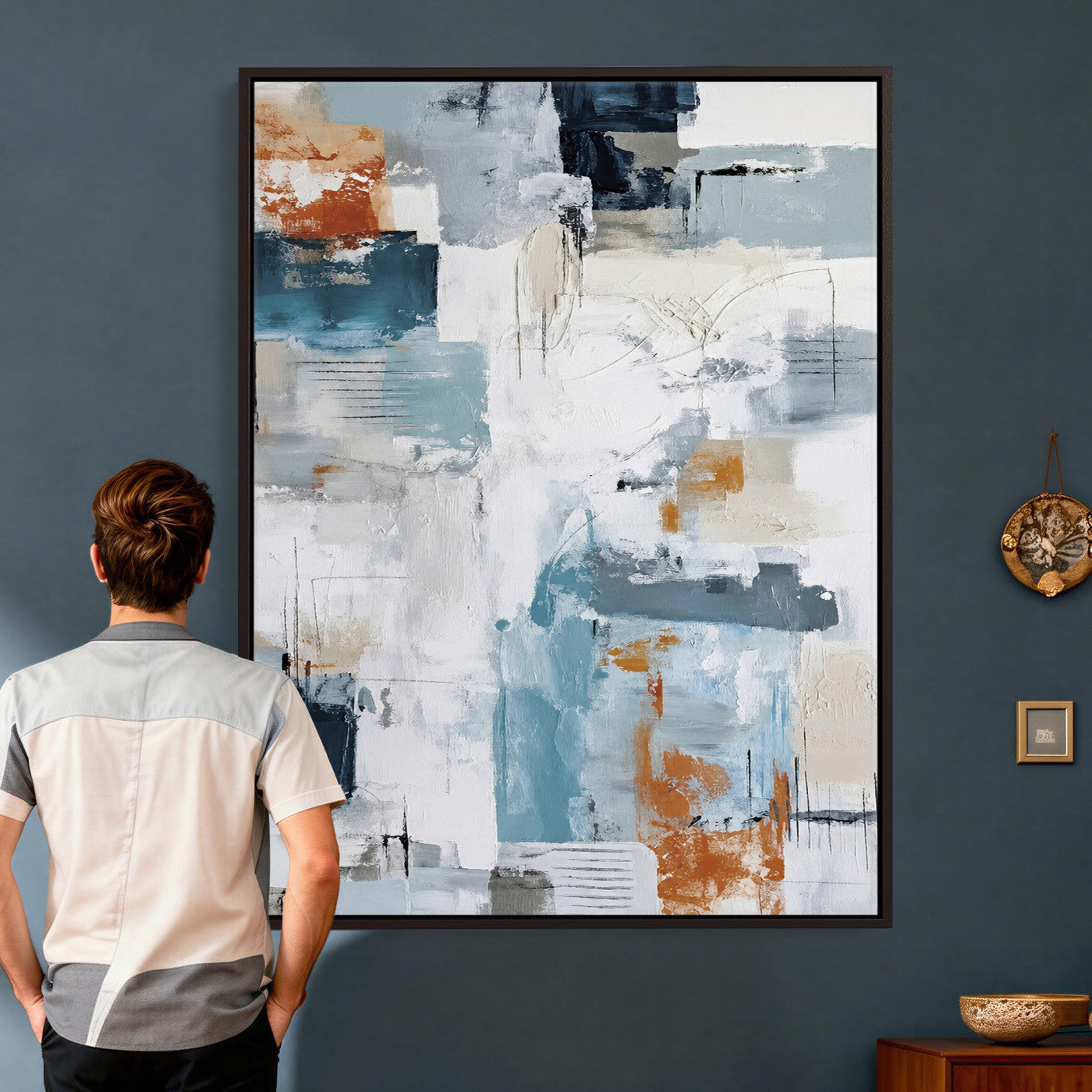 47011485-MGV-CV-24X36 - Blue Teal Abstract Canvas Wall Art, Modern Textured Painting Print, Navy Orange White Contemporary Art, Neutral Living Room Decor, Office Art