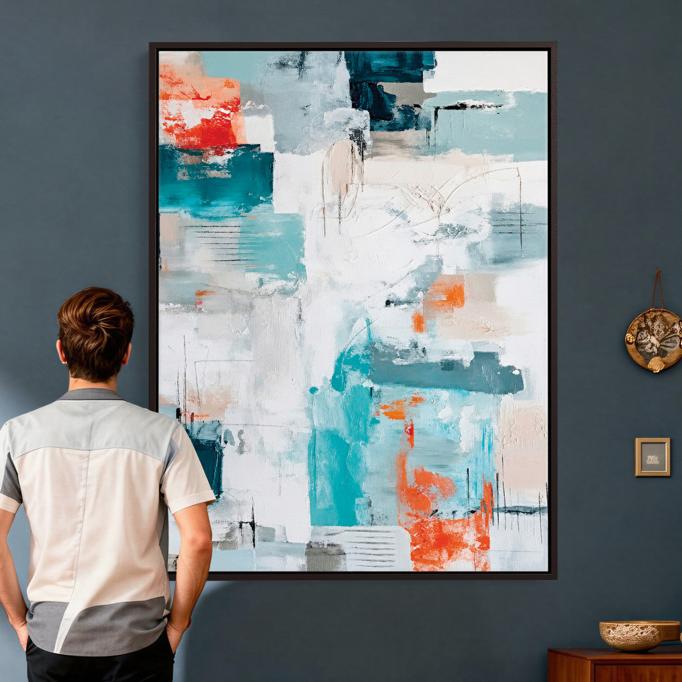 47011485-MGV-CV-24X36 - Blue Teal Abstract Canvas Wall Art, Modern Textured Painting Print, Navy Orange White Contemporary Art, Neutral Living Room Decor, Office Art