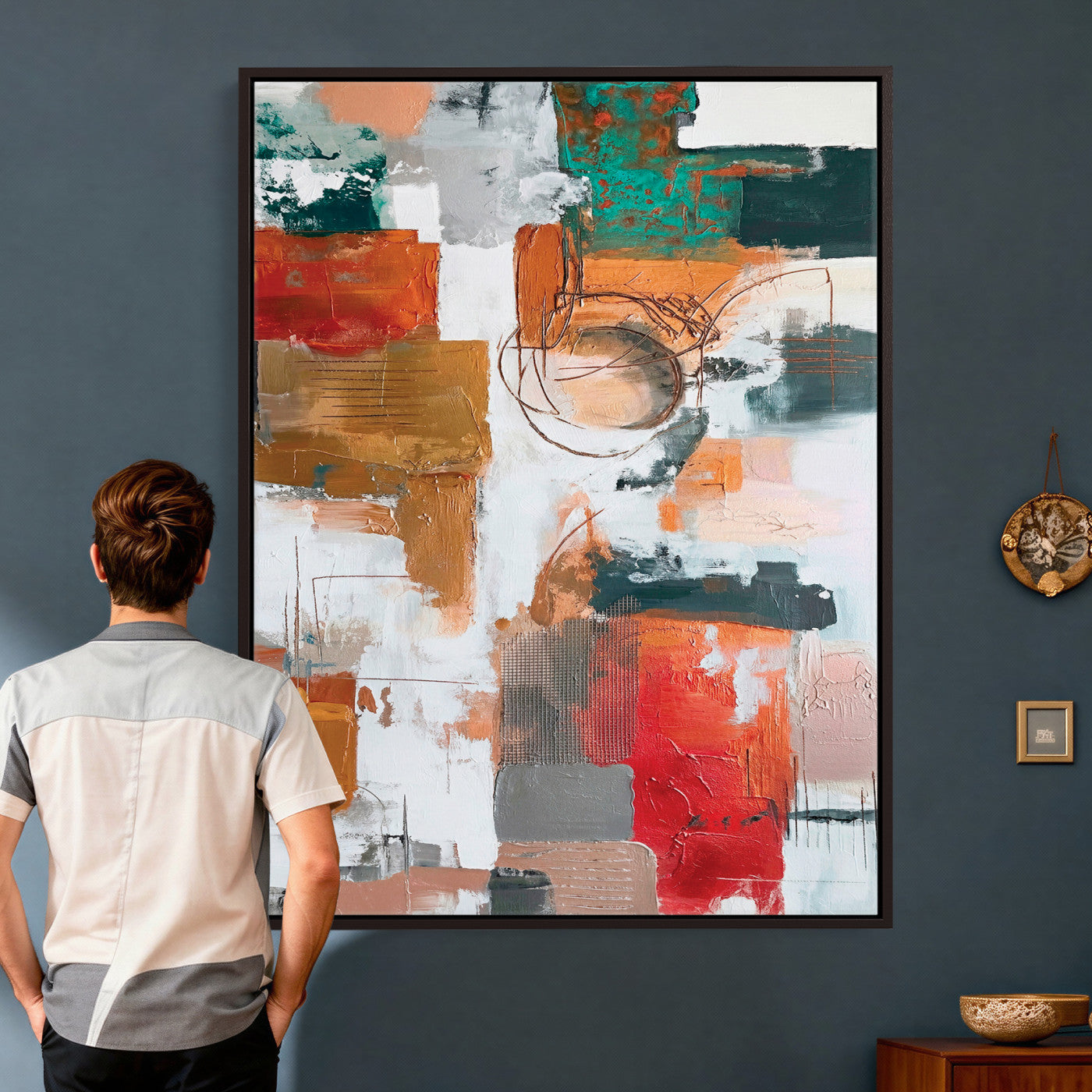 71530836-MGV-CV-24X36 - Blue Teal Abstract Canvas Wall Art | Modern Textured Painting Print, Navy Orange White Contemporary Art, Neutral Living Room Decor, Office Art