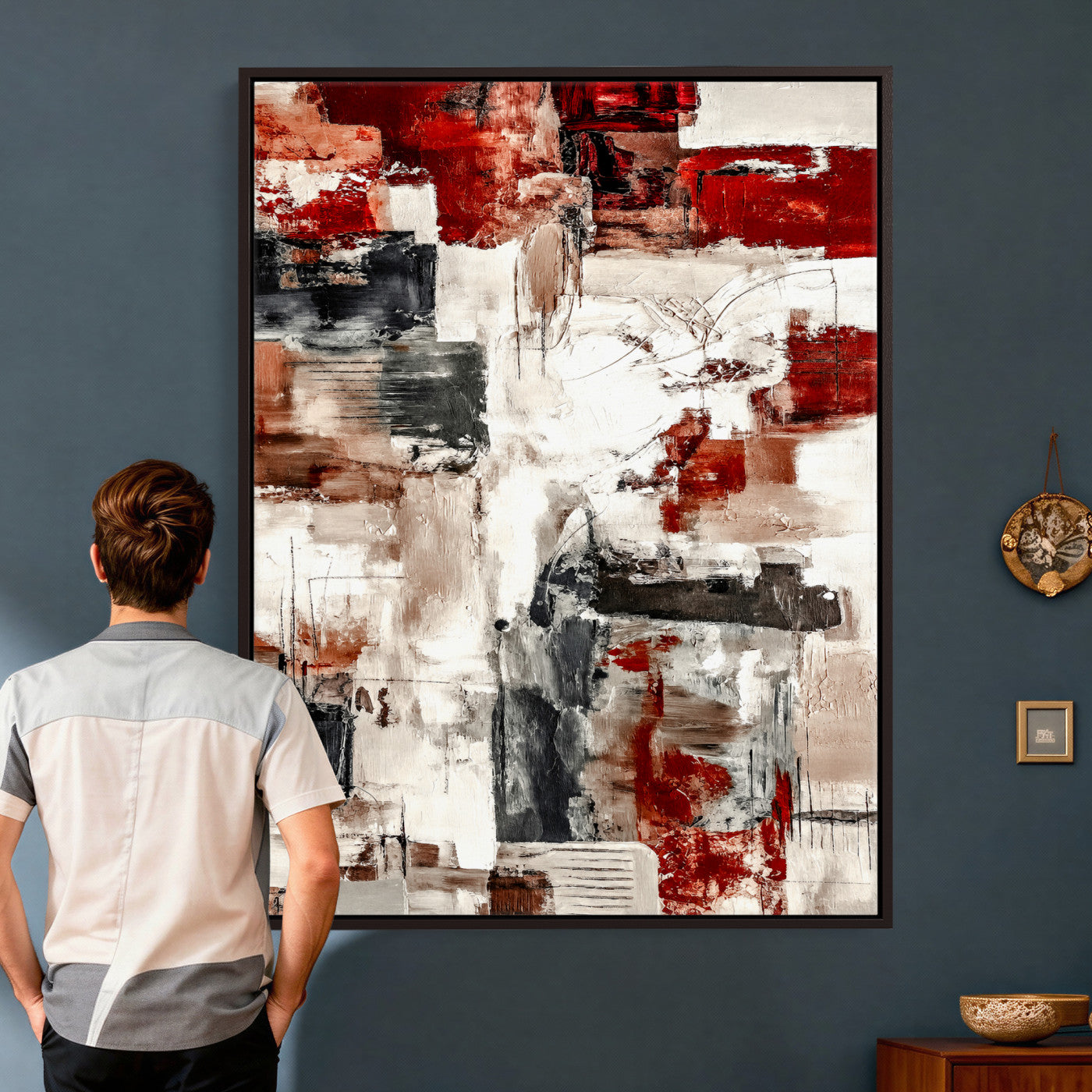 23953633-MGV-CV-24X36 - Blue Teal Abstract Canvas Wall Art | Modern Textured Painting Print, Navy Orange White Contemporary Art, Neutral Living Room Decor, Office Art