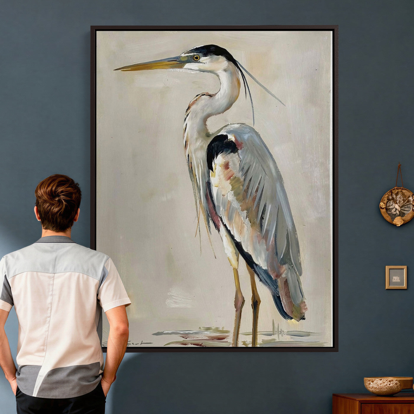 66936694-MGV-CV-24X36 - Great Blue Heron Canvas Wall Art Coastal Bird Oil Painting Print