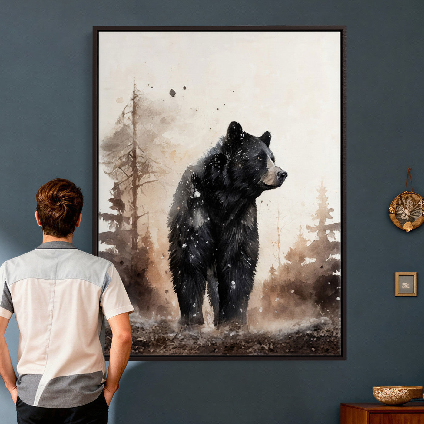 17399305-MGV-CV-24X36 - Black Bear Canvas Wall Art Winter Forest Watercolor Painting Print