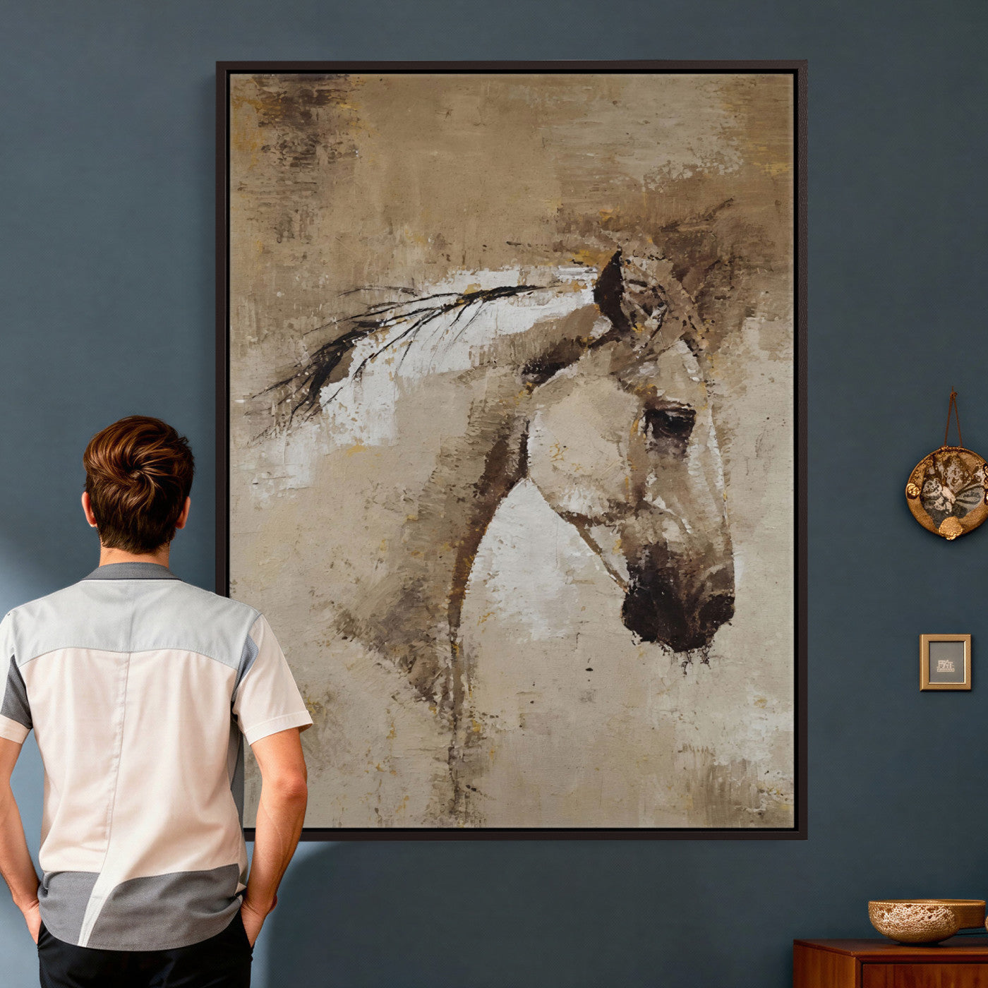 48488295-MGV-CV-24X36 - Rustic Horse Canvas Wall Art Neutral Tone Equestrian Oil Painting Print