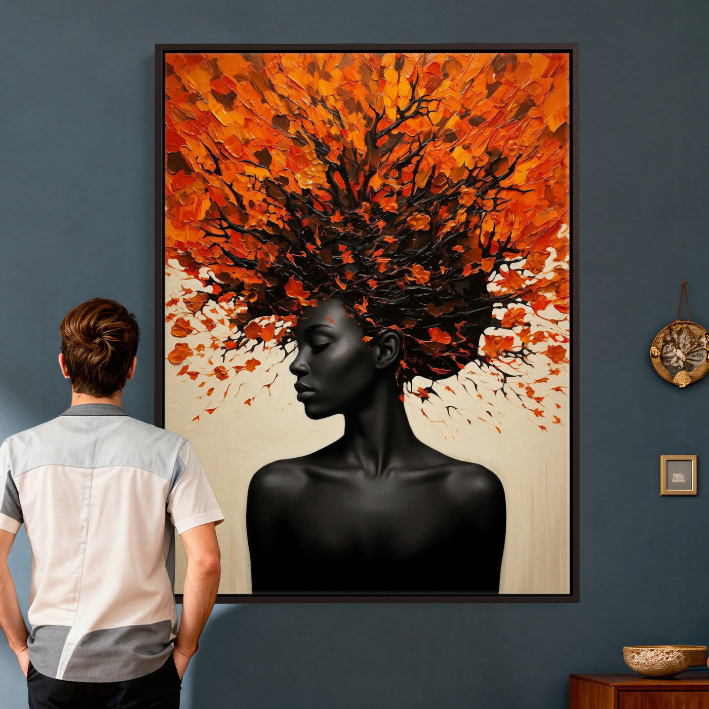 99995103-MGV-CV-24X36 - Black Woman Autumn Tree Canvas Wall Art Surreal African Portrait Painting Print