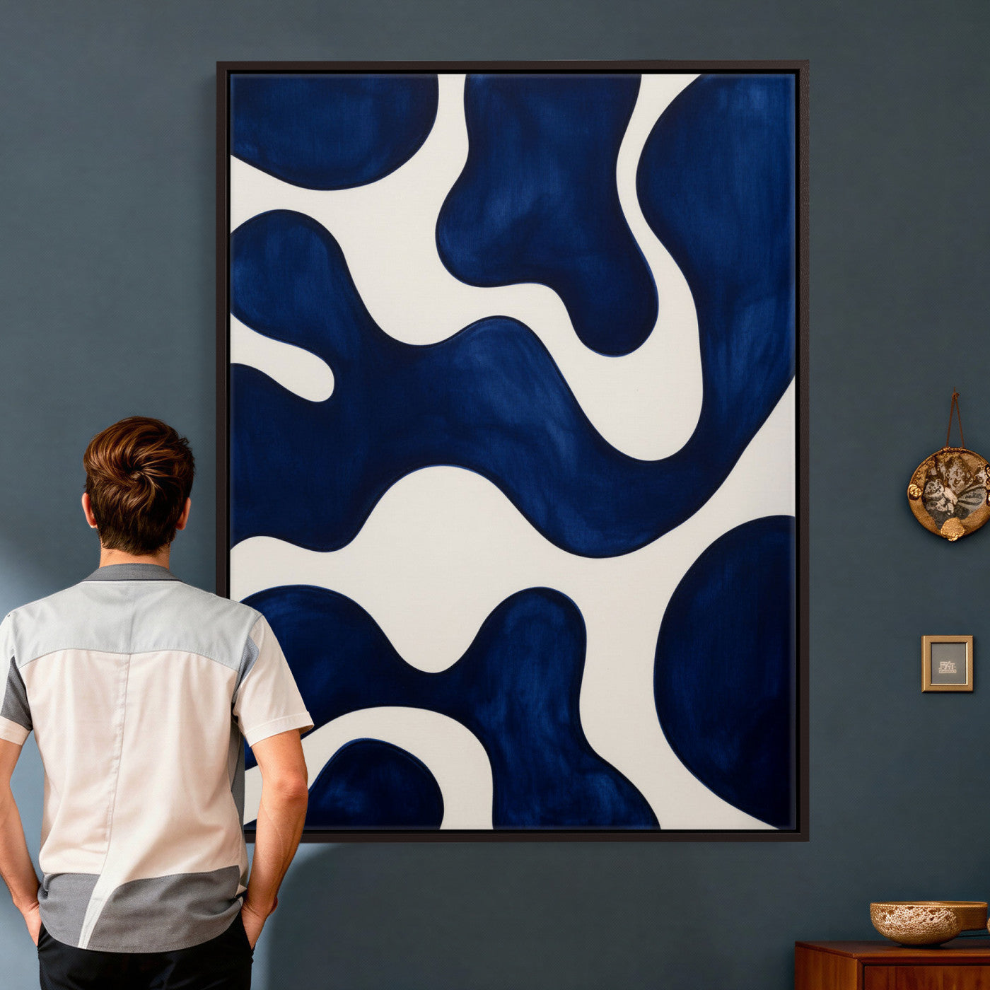 37225955-MGV-CV-24X36 - Minimalist Navy Blue Abstract Canvas Wall Art Organic Shapes Painting Print