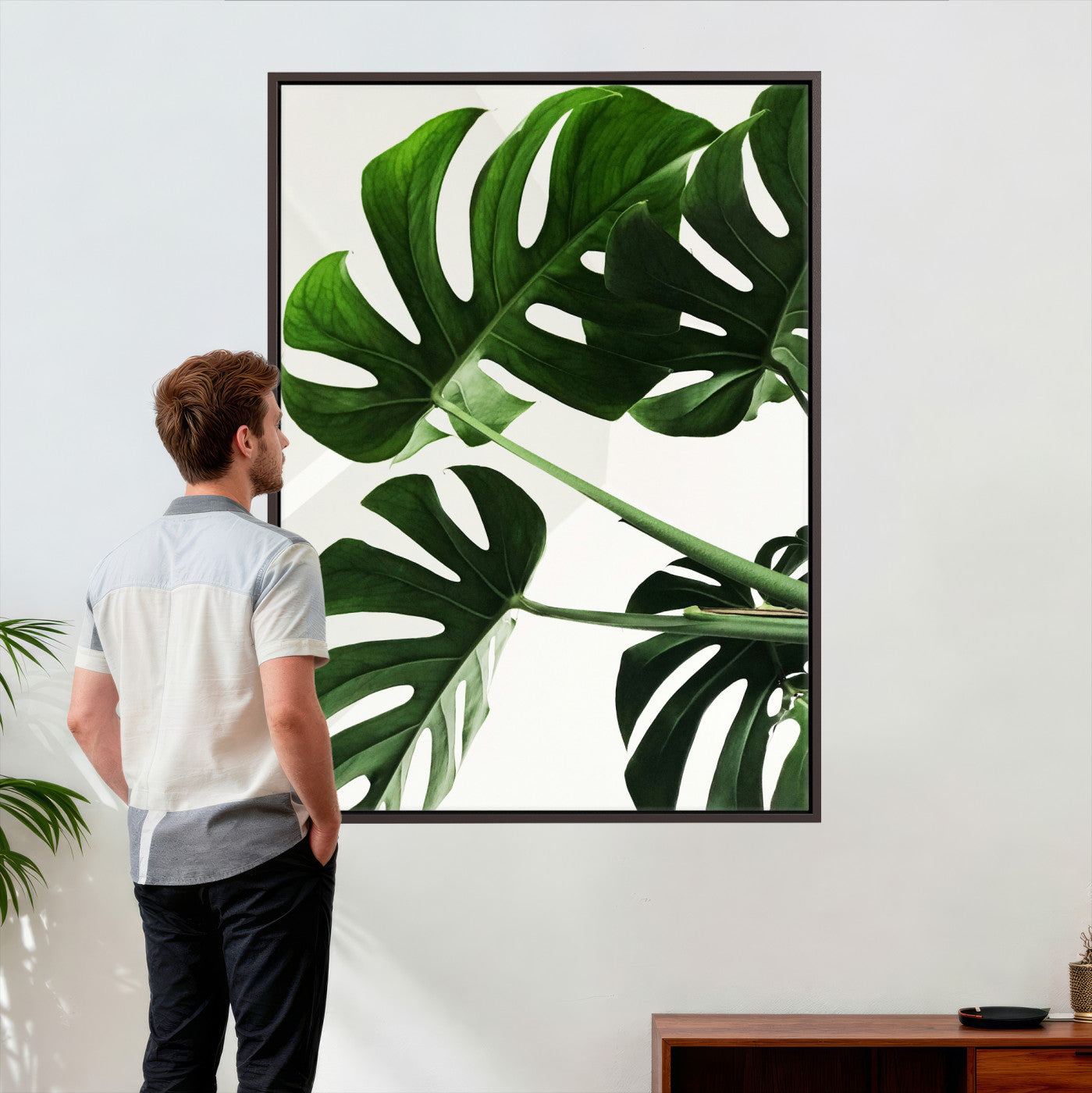 62365202-MGV-CV-24X36 - Green Monstera Leaf Wall Art Canvas Print, Tropical Botanical Wall Decor, Modern Minimal Plant Art, Framed Canvas Wall Art Ready to Hang