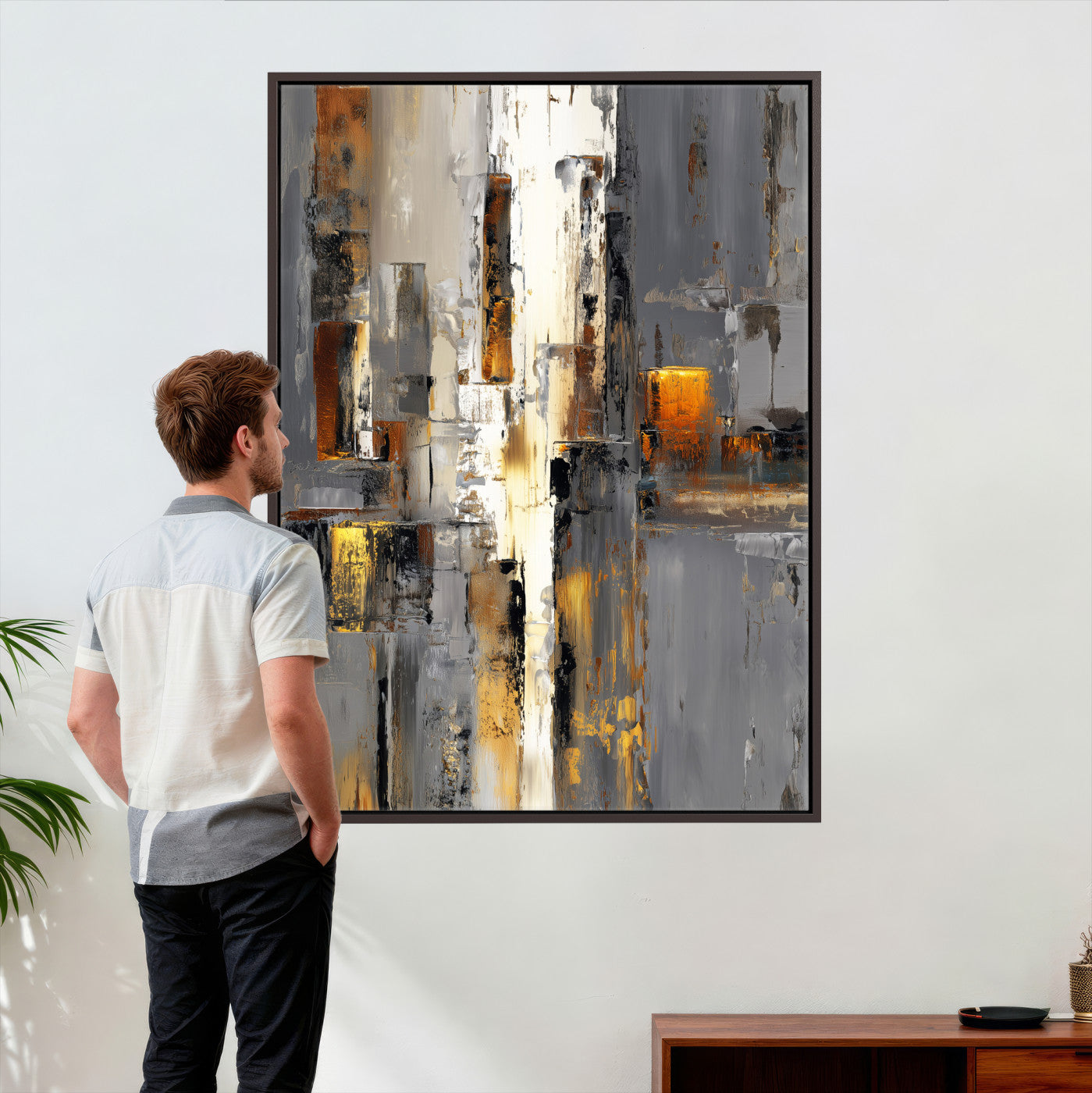 35992080-MGV-CV-24X36 - Abstract Urban Reflection Wall Art Canvas Print, Gold Black Modern Architecture Canvas Print, Contemporary Moody City Artwork for Living Room Decor