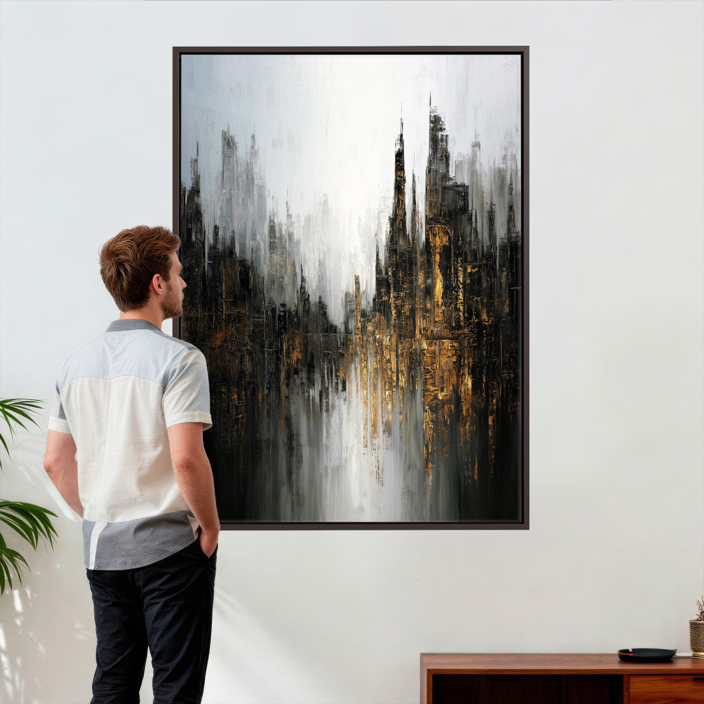 39629486-MGV-CV-24X36 - Abstract Urban Reflection Wall Art Canvas Print, Gold Black Modern Architecture Canvas Print, Contemporary Moody City Artwork for Living Room Decor