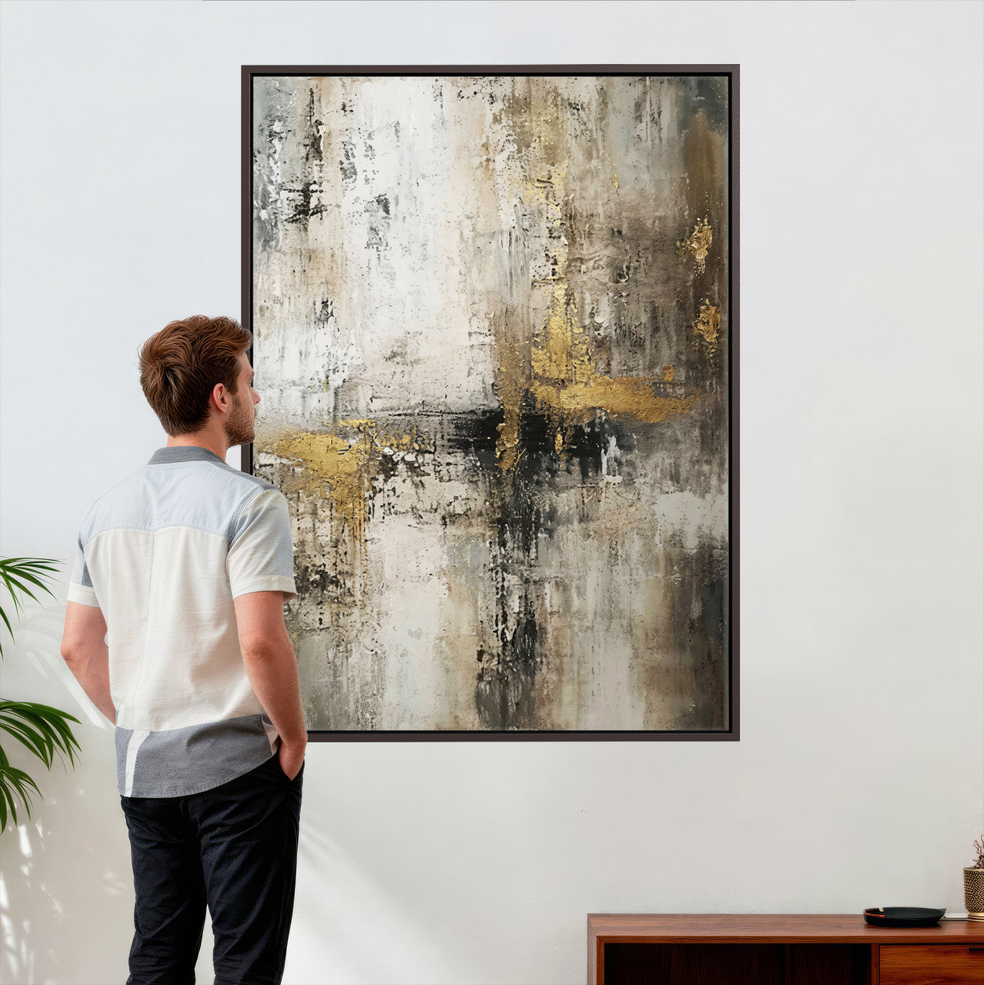 381262454-MGV-CV-24X36 - Framed Abstract Wall Art Canvas Print, Gold Black Modern Architecture Canvas Print, Contemporary Moody City Artwork for Living Room Decor