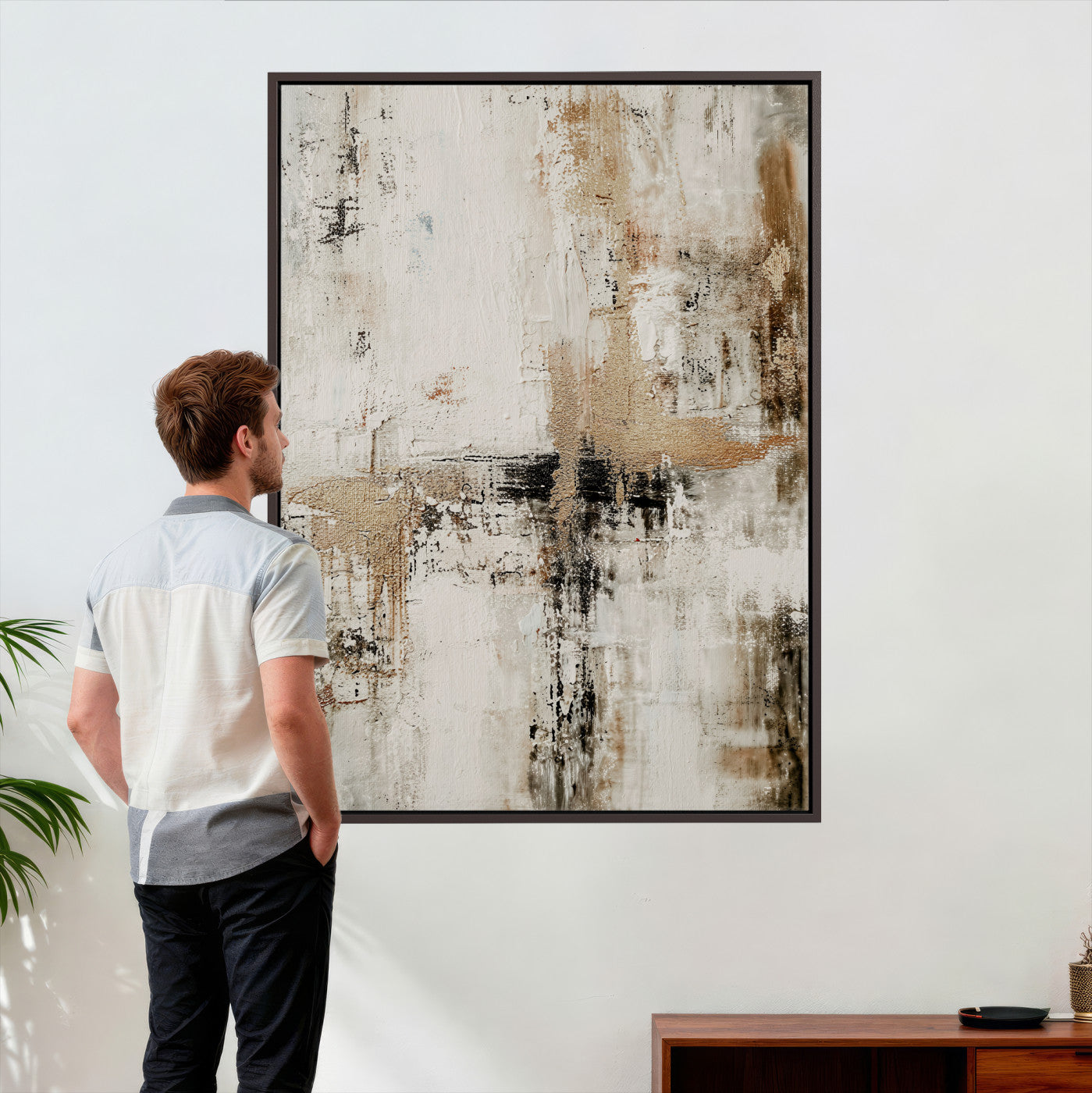 381262454-MGV-CV-24X36 - Neutral Abstract Wall Art Canvas Print, Beige Black Textured Modern Canvas Print, Minimalist Contemporary Artwork for Living Room Decor