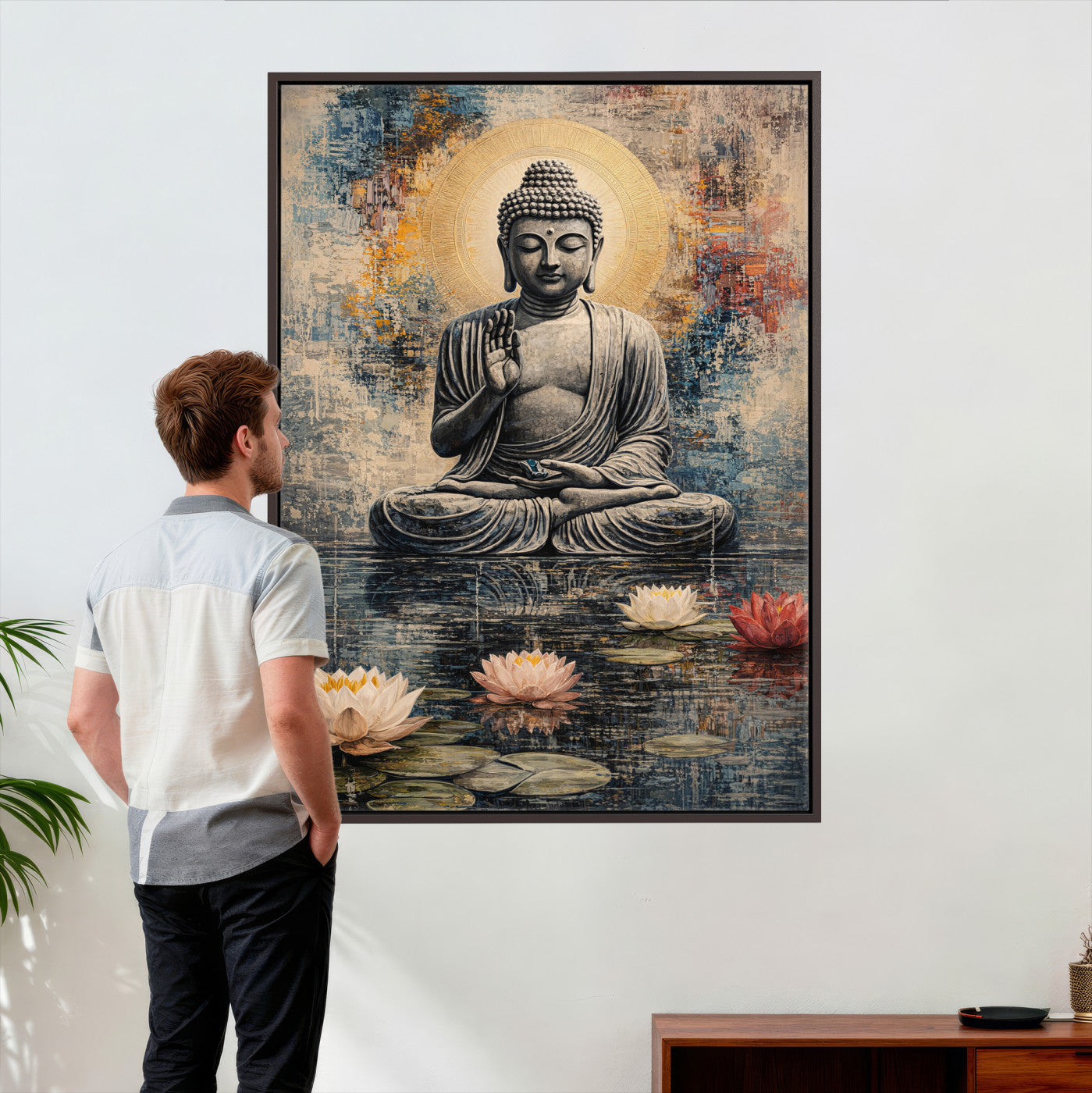 3812625445543-MGV-CV-24X36 - Serene Buddha with Lotus Flowers | Tranquil Meditation Art | Zen Wall Decor for Mindful Living Spaces | Spiritual Canvas Print