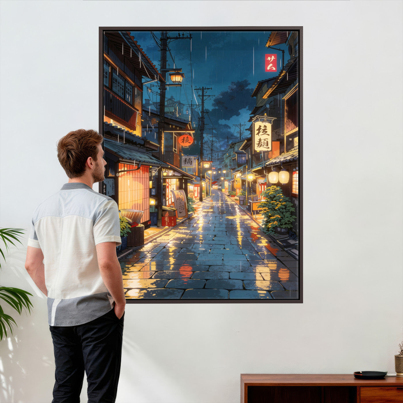 4712069J1-MGV-CV-24X36 - Tokyo Tea House Canvas Wall Art — Japan Rainy Night Street Print | Anime Style Decor | Japanese Tea House Art | Tokyo City Gift
