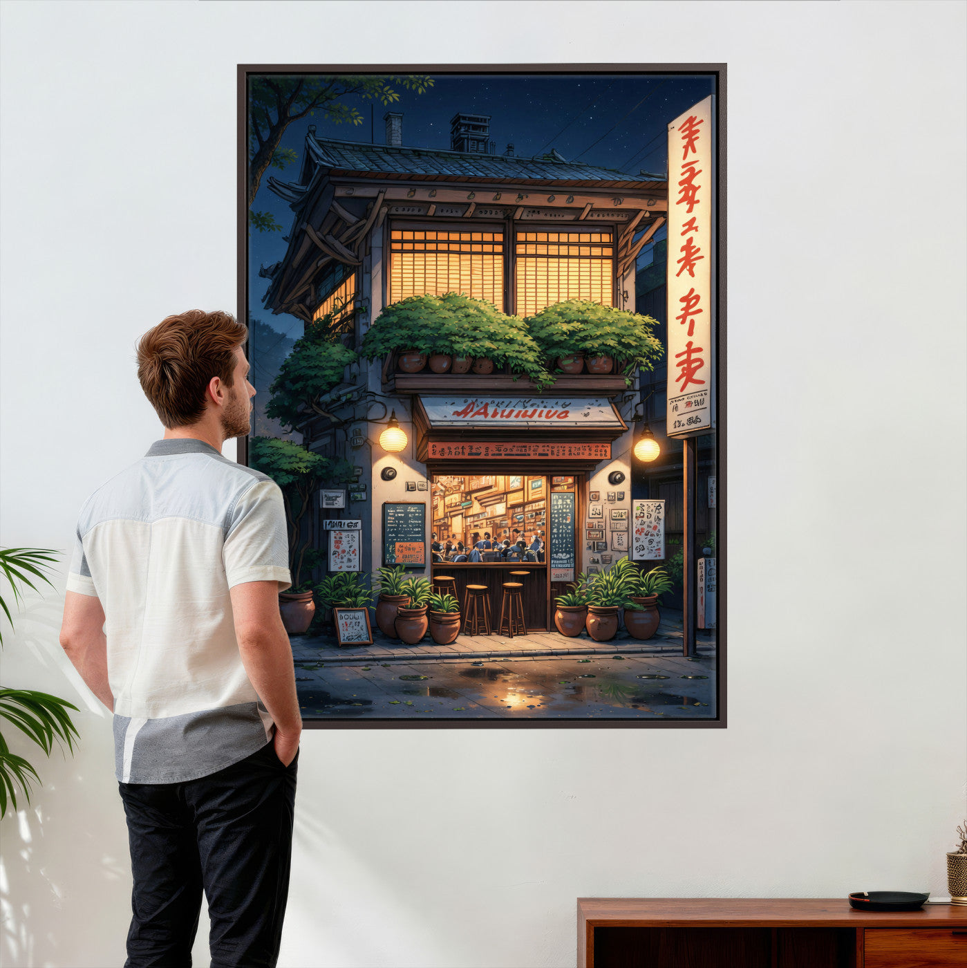 4712069TE1-MGV-CV-24X36 - Evening at the Ramen Shop Canvas Wall Art — Japan Night Anime Print | Japanese Restaurant Decor | Lofi Wall Art | Ramen Lover Gift