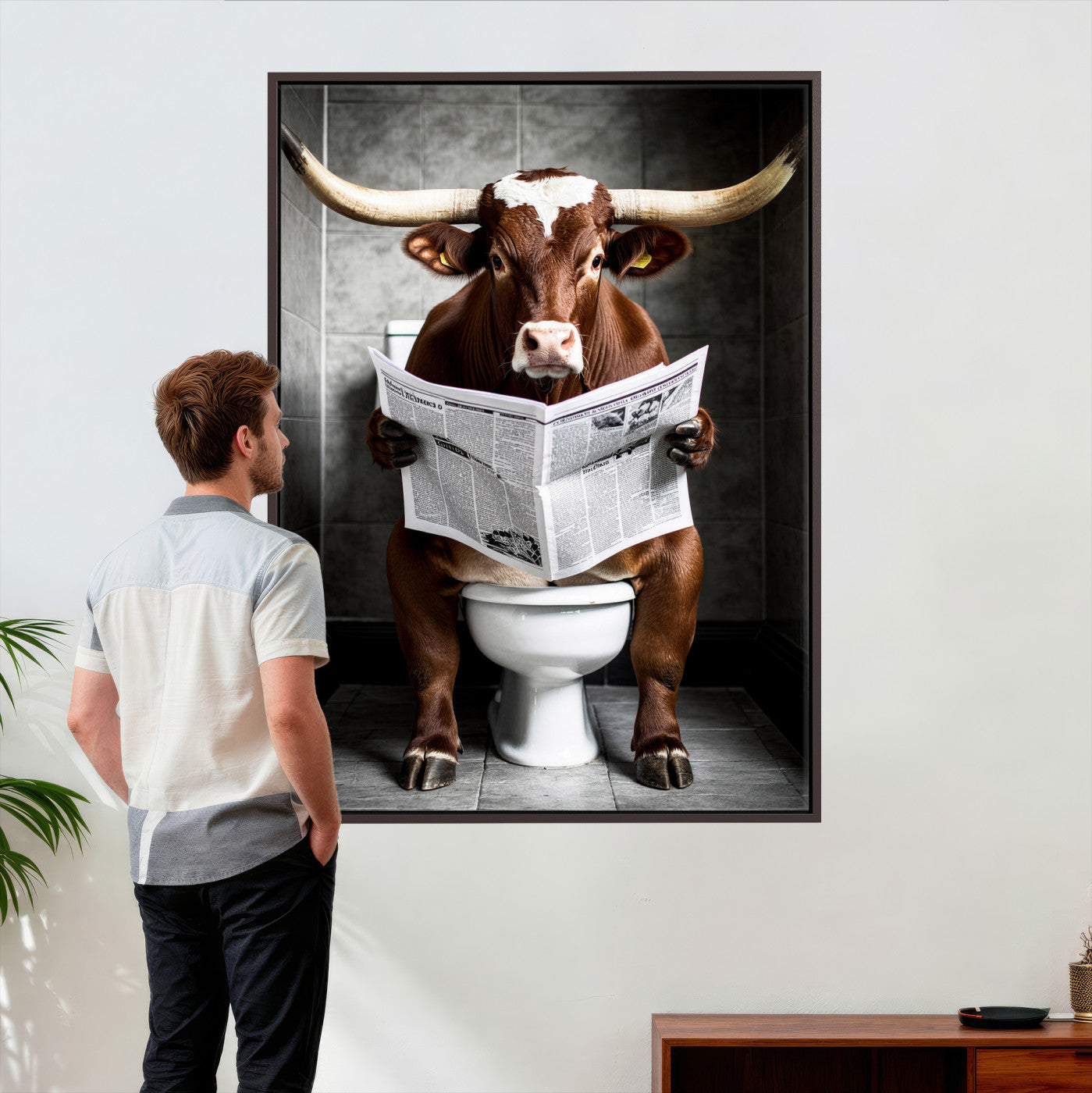 69808726-MGV-CV-24X36 - Texas Longhorn Cow Toilet Paper Canvas Wall Art, Funny Bathroom Black White Print, Cute Animal Humor Decor, Quirky Farmhouse Bathroom Art, Cow Lover Gift