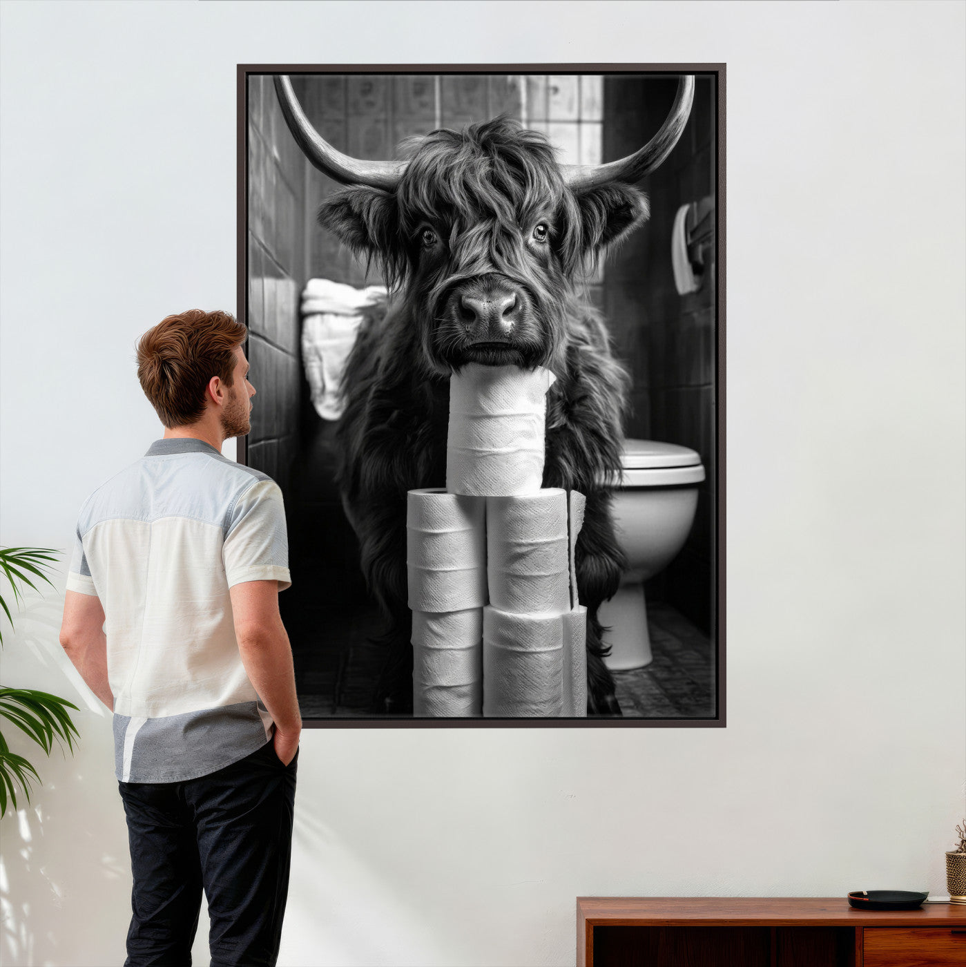 95909209-MGV-CV-24X36 - Highland Cow Toilet Paper Canvas Wall Art, Funny Bathroom Black White Print, Cute Animal Humor Decor, Quirky Farmhouse Bathroom Art, Cow Lover Gift