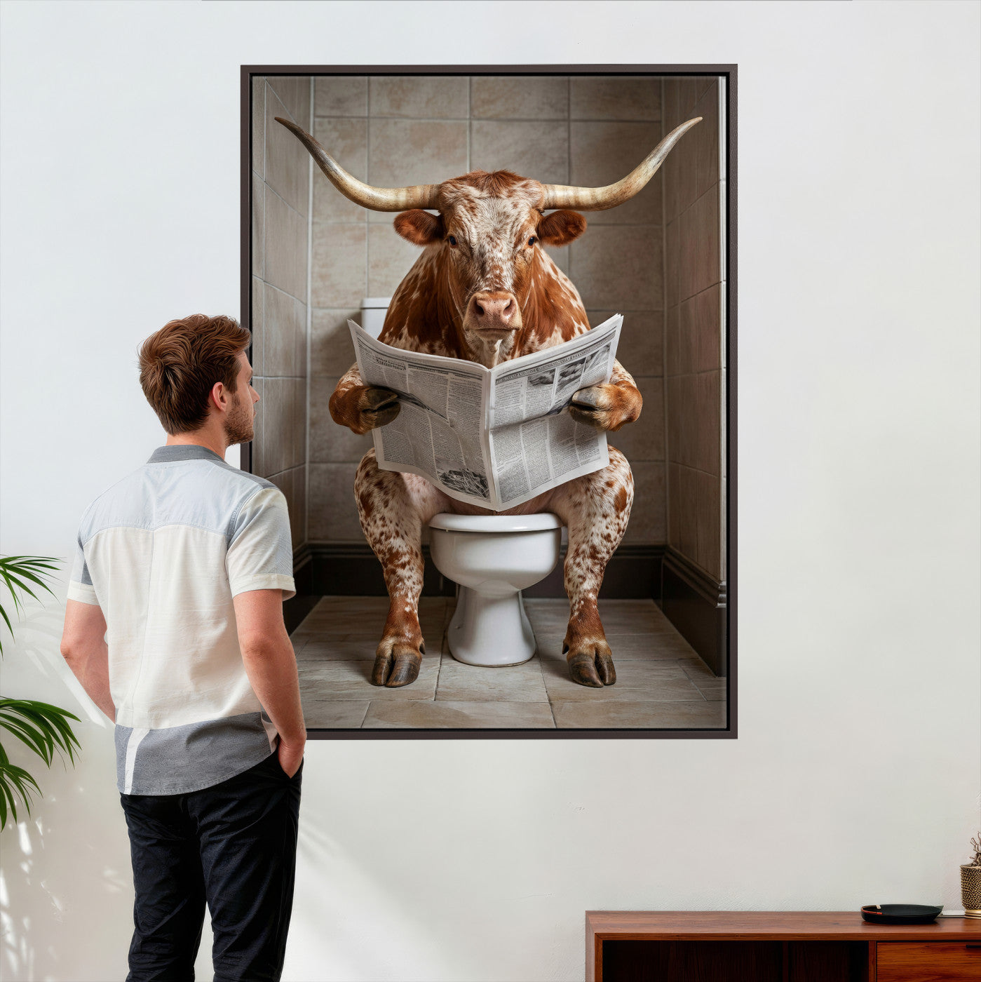 17728527-MGV-CV-24X36 - Funny Bathroom Canvas Wall Art, Texas Longhorn on Toilet Reading Newspaper, Humor Animal Print, Farmhouse Bathroom Decor, Quirky Cow Gift, Toilet Room Art
