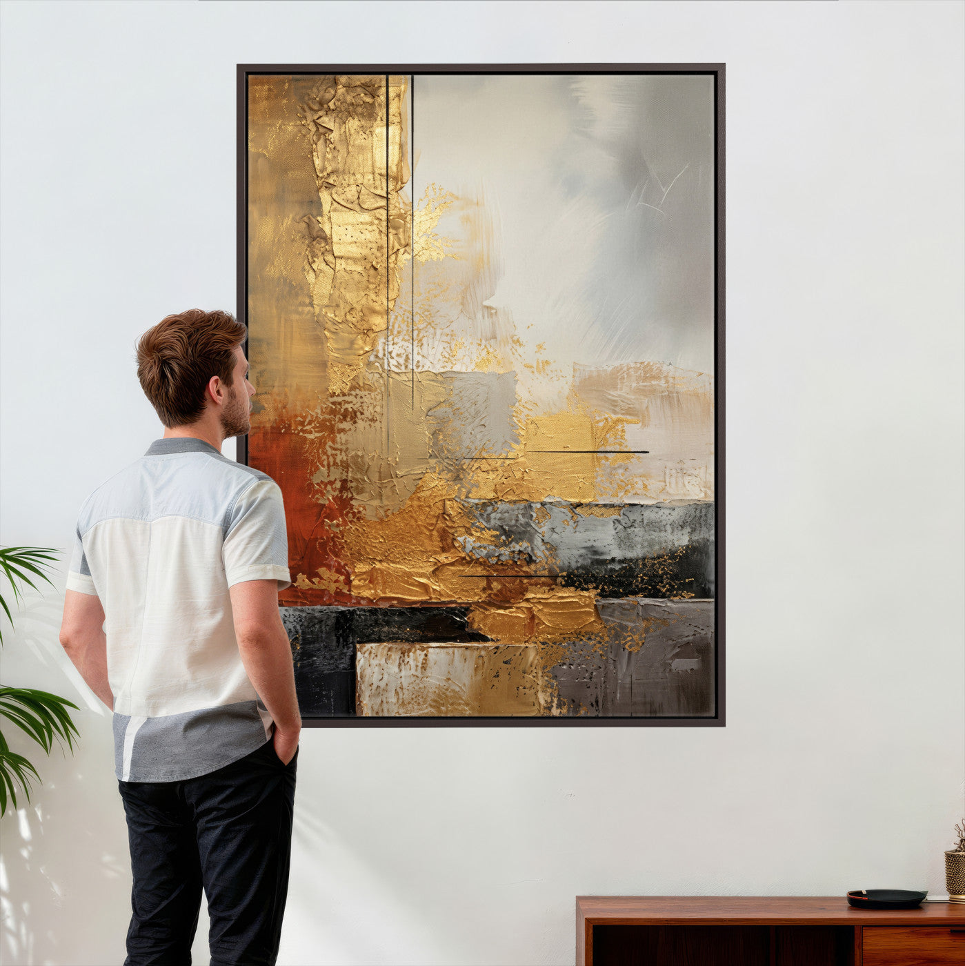 98453723G-MGV-CV-24X36 - Gold Abstract Canvas Wall Art, Luxury Textured Style Gold Leaf Painting Print, Modern Glam Decor, Gold Grey Rust Abstract Art, Living Room Statement Art