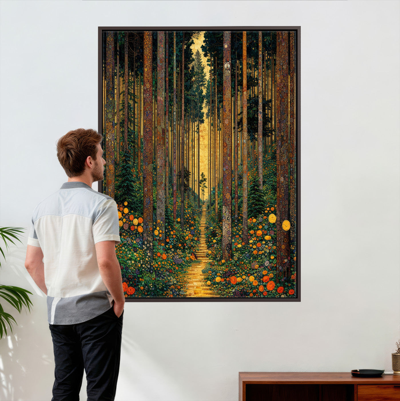 14391546-MGV-CV-24X36 - Gustav Klimt Style Forest Canvas Wall Art, Golden Forest Path Floral Art Nouveau Print, Enchanted Woodland Decor, Maximalist Colorful Nature Art