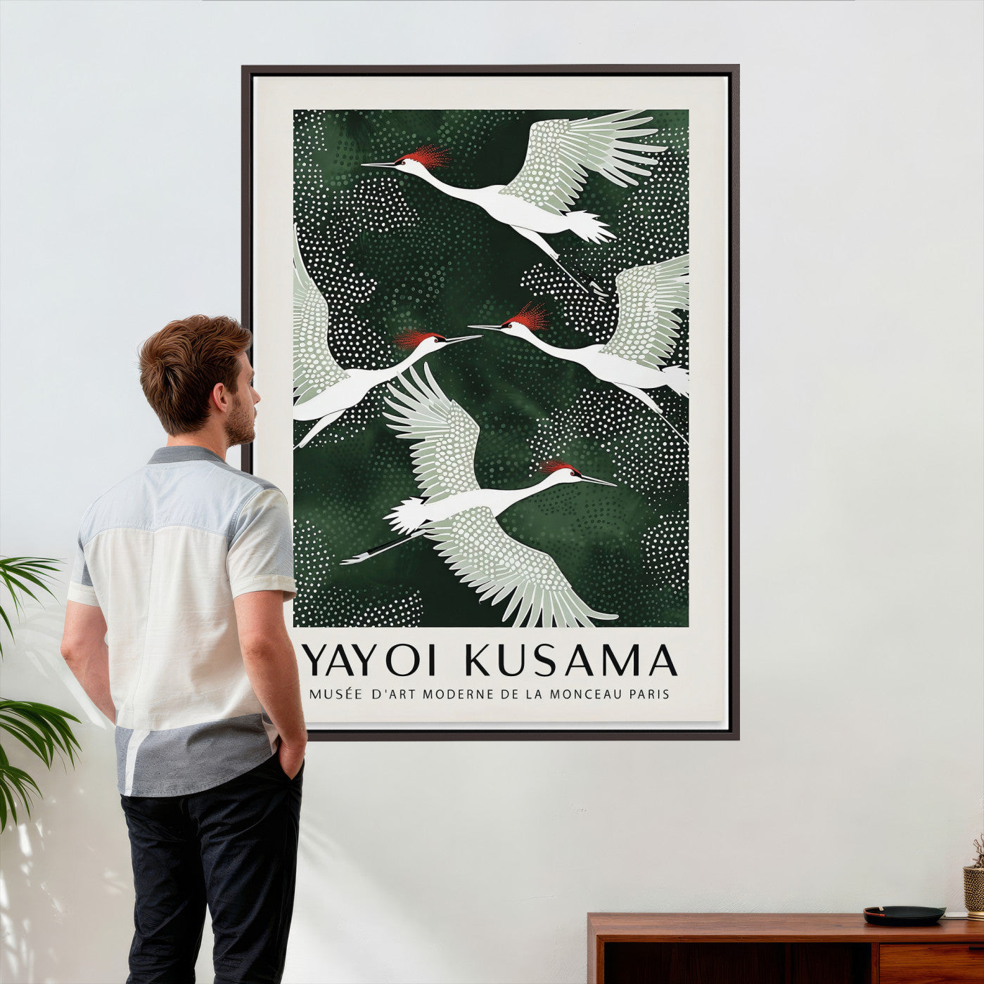 63036906-MGV-CV-24X36 - Yayoi Kusama Crane Bird Wall Art Canvas Print, Japanese Inspired Flying Heron Framed Artwork, Green Botanical Nature Decor for Living Room Bedroom Office