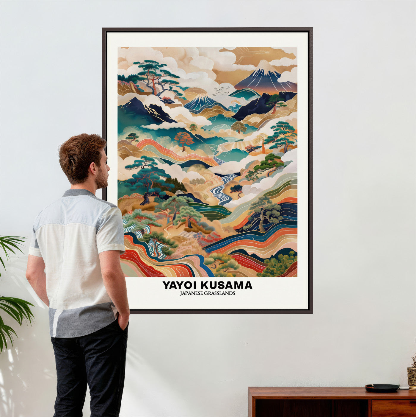 71553303-MGV-CV-24X36 - Yayoi Kusama Japanese Landscape Wall Art Canvas Print, Colorful Mountain and River Framed Artwork, Nature Inspired Asian Scenic Decor for Living Room Bedroom Office